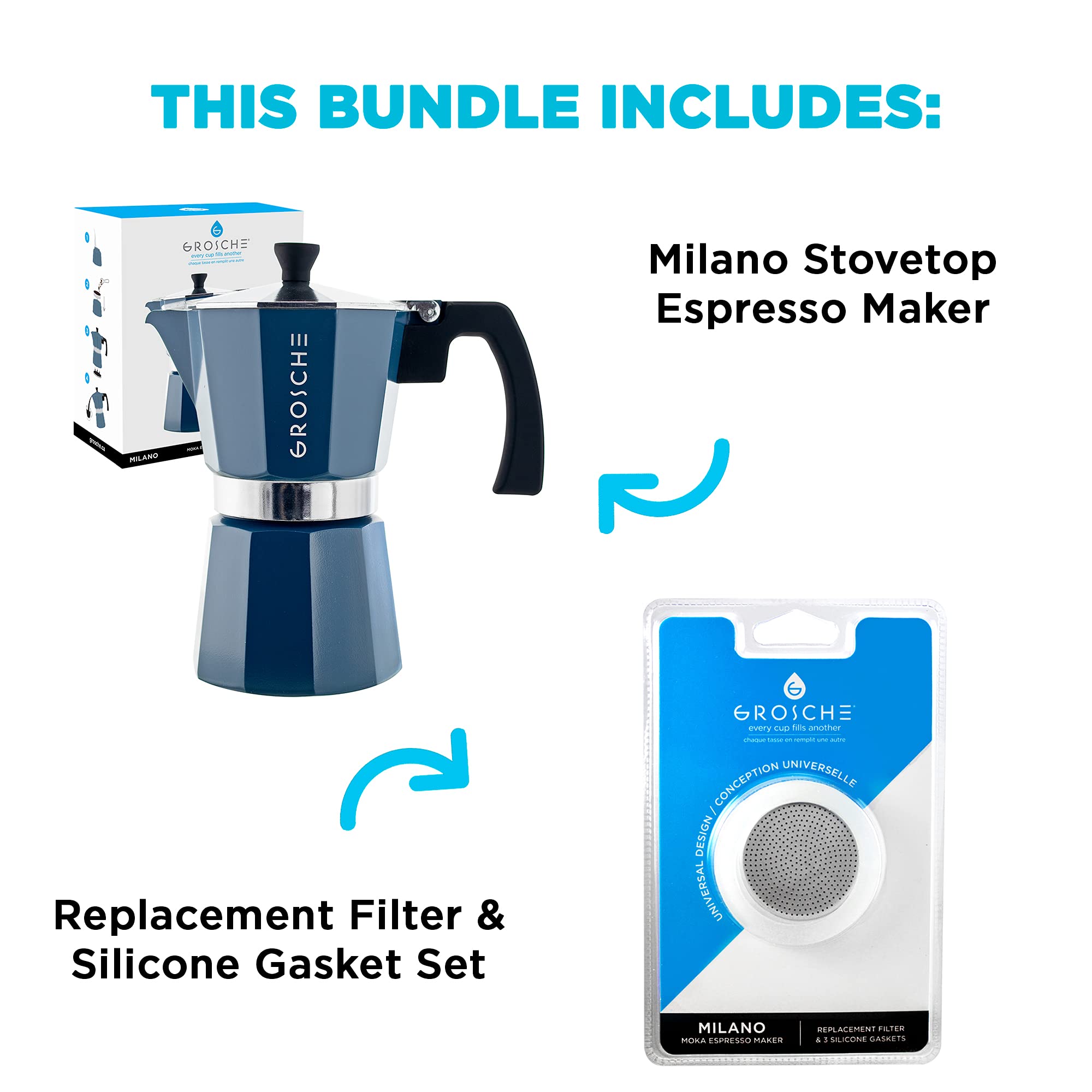 GROSCHE Milano Stovetop Espresso Maker - 6 Cup Moka Pot (9.3 oz) with 3 Replacement Seals - Italian Coffee Maker for Home & Camping - Perfect for Espresso, Latte & Cappuccino - Blue