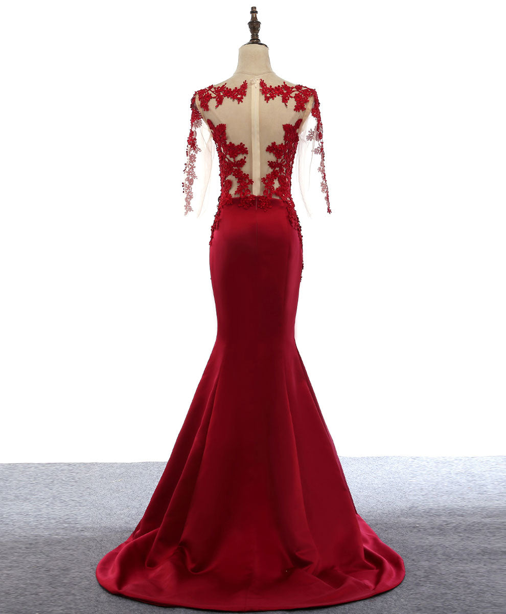 Elegant Burgundy Round Neck Lace Satin Mermaid Prom Dress - Long Formal Evening Gown for Homecoming, Wedding, and Special Occasions