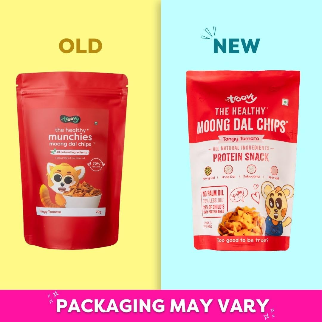 Troovy Healthy Tangy Tomato Moong Dal Chips - High Protein Snacks | No Junk, Chemicals or Trans Fats | 3 Pack (70g Each) | Perfect for Keto Diet, Office Snacking & Healthy Lifestyle