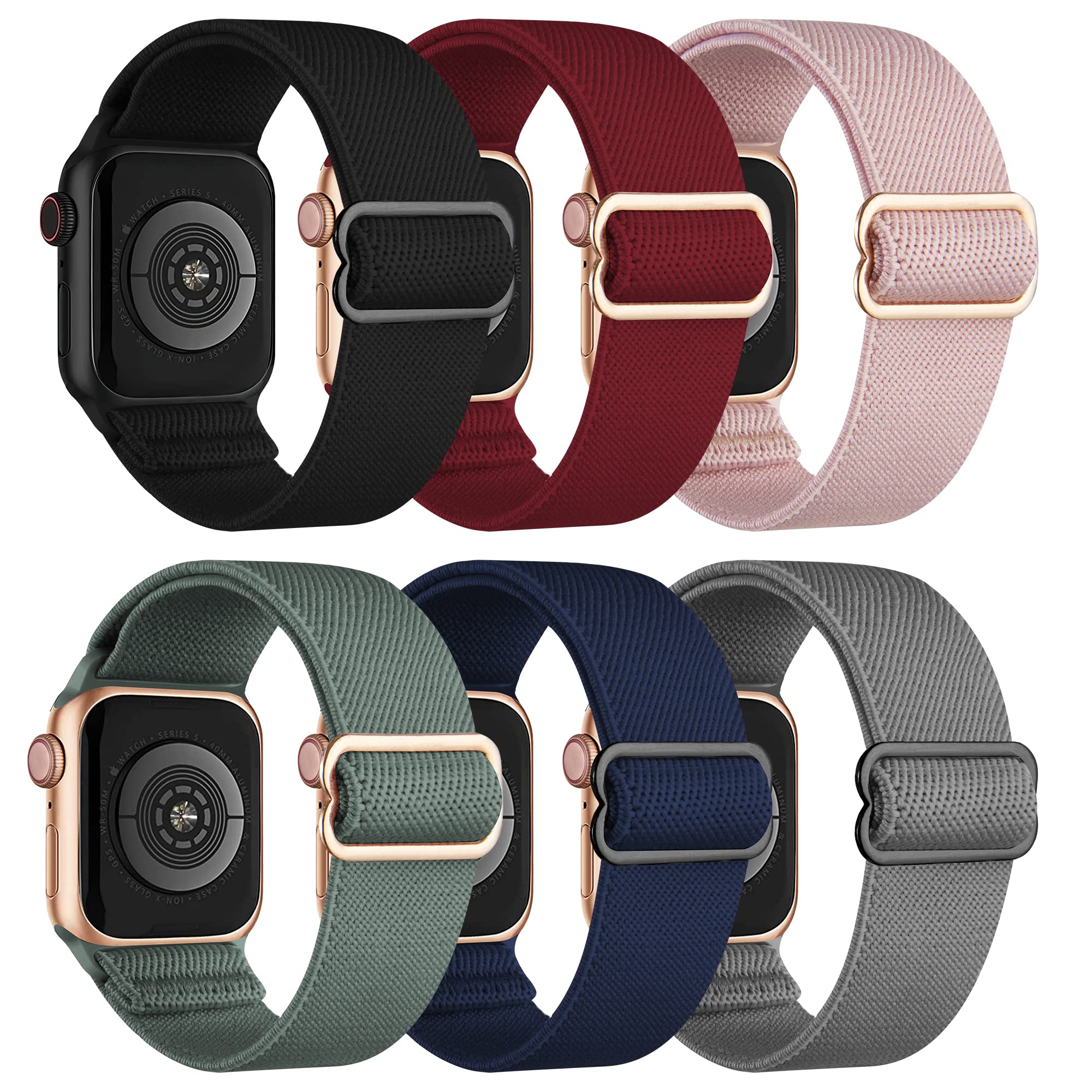 Stretchy Nylon Apple Watch Bands 38mm 40mm 41mm 42mm 44mm 45mm - 6 Pack Adjustable Braided Elastic Sport Strap Compatible with iWatch Series 8/7/6/5/4/3/2/1/SE for Women & Men - Perfect for Workouts, Running & Everyday Wear