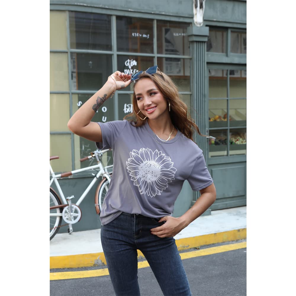 Women's Summer Sunflower Graphic T-Shirt - Cute Floral Print Loose Fit Crew Neck Short Sleeve Casual Top for Beach, Vacation & Everyday Wear