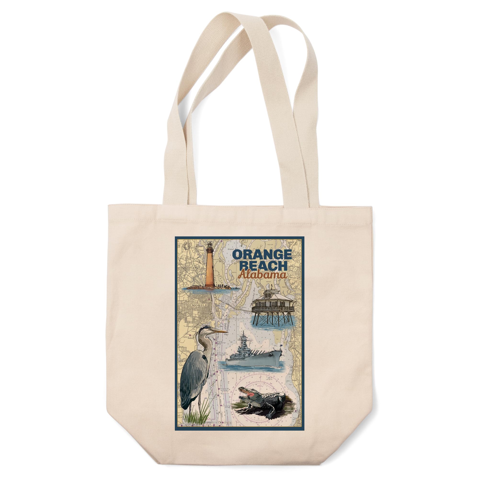 Orange Beach Alabama Nautical Chart Tote Bag - 100% Cotton Canvas Reusable Shopping Bag for Beach, Groceries & Daily Use