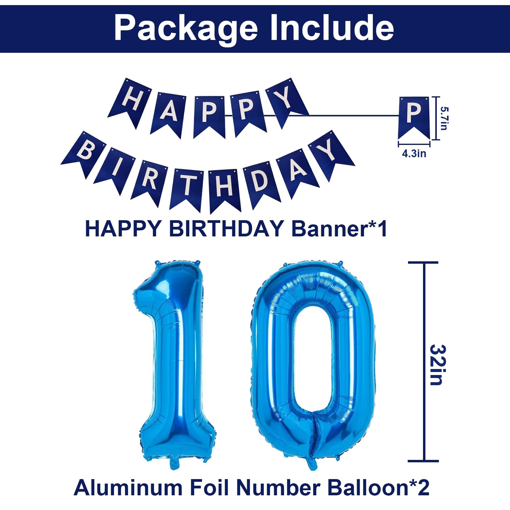10th Birthday Party Decorations Set - Blue Happy Birthday Balloons, Banner & Number 10 Balloons for Boys, Girls, Men & Women | Perfect for 10th Anniversary Celebrations, Milestone Parties & Decorative Photo Backdrops