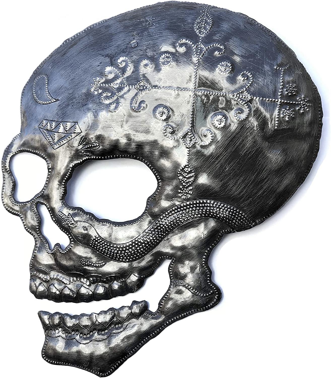 Veve Papa Legba Skull Metal Wall Art - Handmade Haitian Sculpture, Recycled Metal Skeleton Decor (11.25