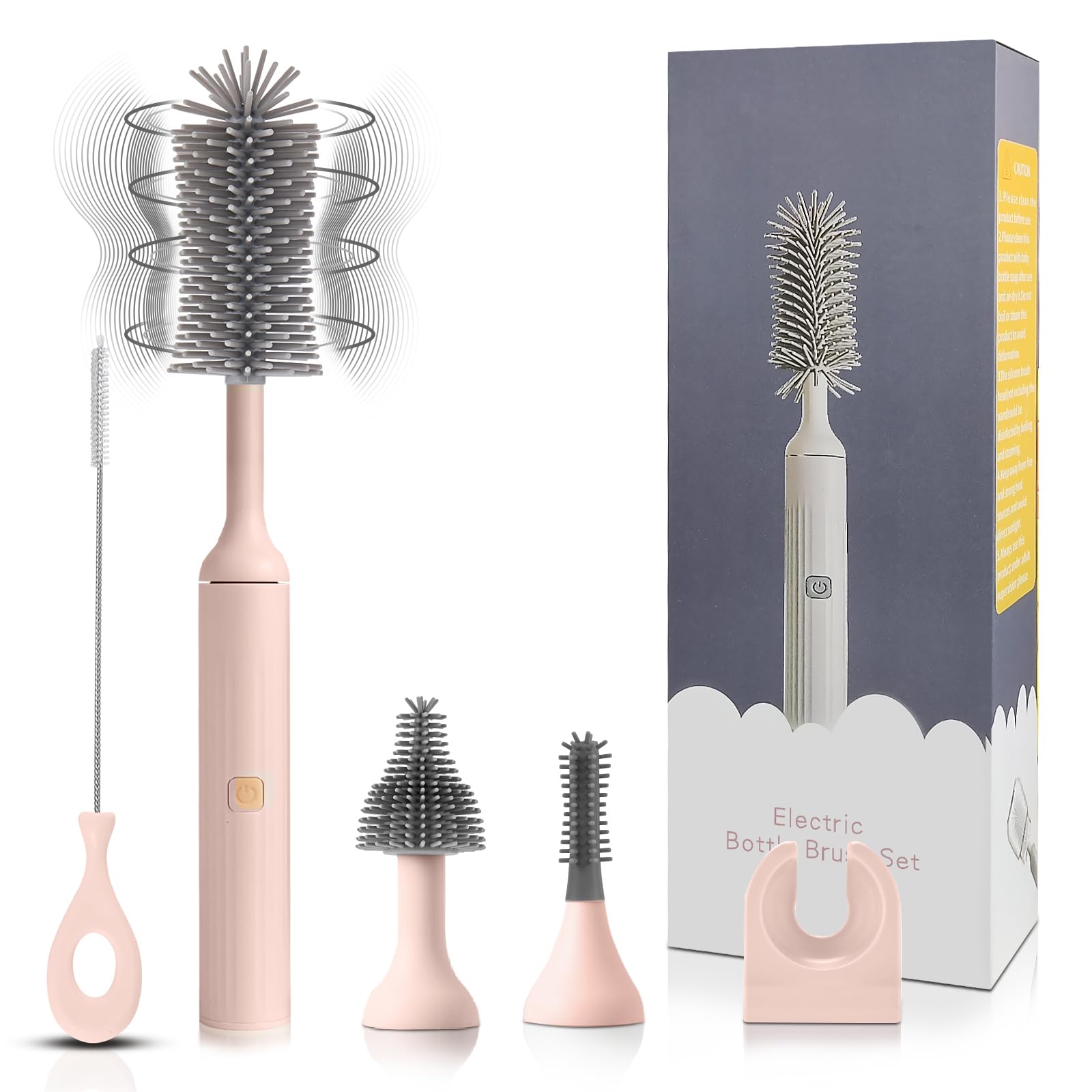 USB Rechargeable Electric Cleaning Brush Set - 3 Replaceable Silicone Bottle Brushes & Straw Cleaner - Perfect for Baby Bottles, Kitchenware & Travel Mugs (Pink) | Ideal for New Parents, Home Cleaning & Dishwashing