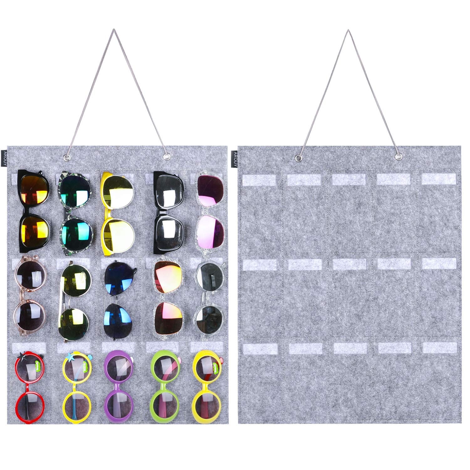 AROUY Wall-Mounted Sunglasses Organizer with 15 Felt Slots - Durable Hanging Eyeglass Storage Display for Sunglasses & Reading Glasses (Gray, Small) - Perfect for Bedroom, Bathroom, Closet & Retail Store Display