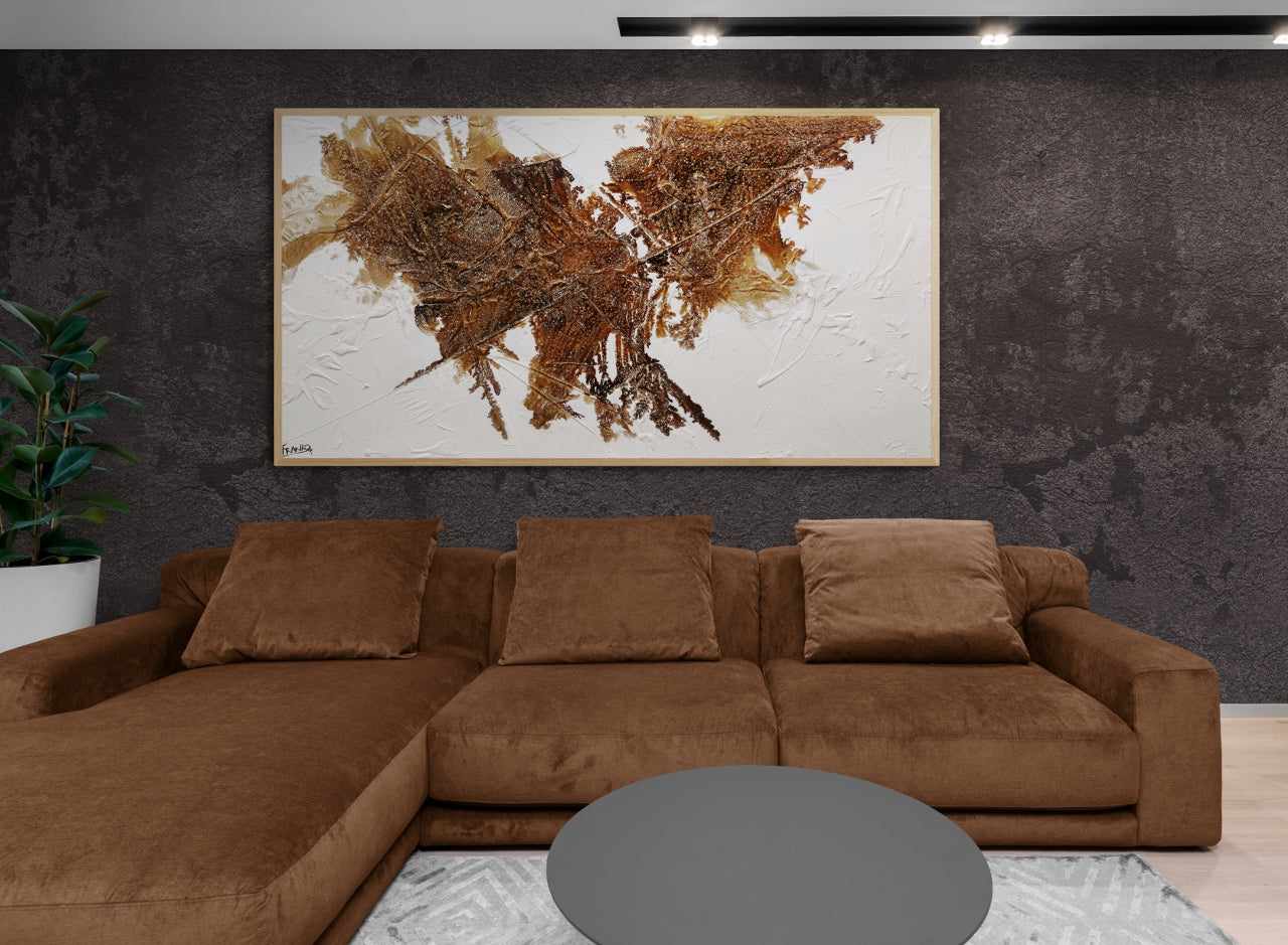 190cm x 100cm White Brown Textured Abstract Honeycomb Painting - Modern Wall Art for Living Room, Bedroom & Office Decor