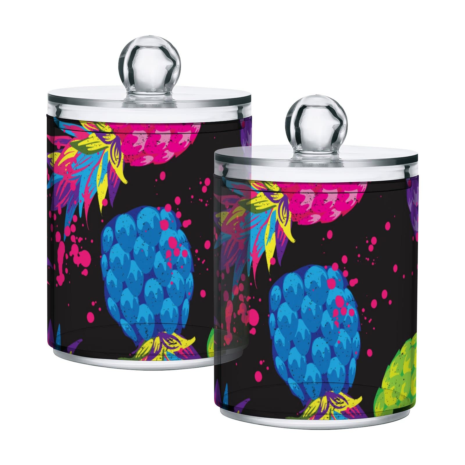 Vibrant Hand-Painted Pineapple Design Plastic Storage Jars with Lids - Set of 2 (10 oz) - Translucent Food Containers for Cotton Swabs, Tea, Cookies & Dry Goods - Perfect for Kitchen Organization, Pantry Storage & Home Decor