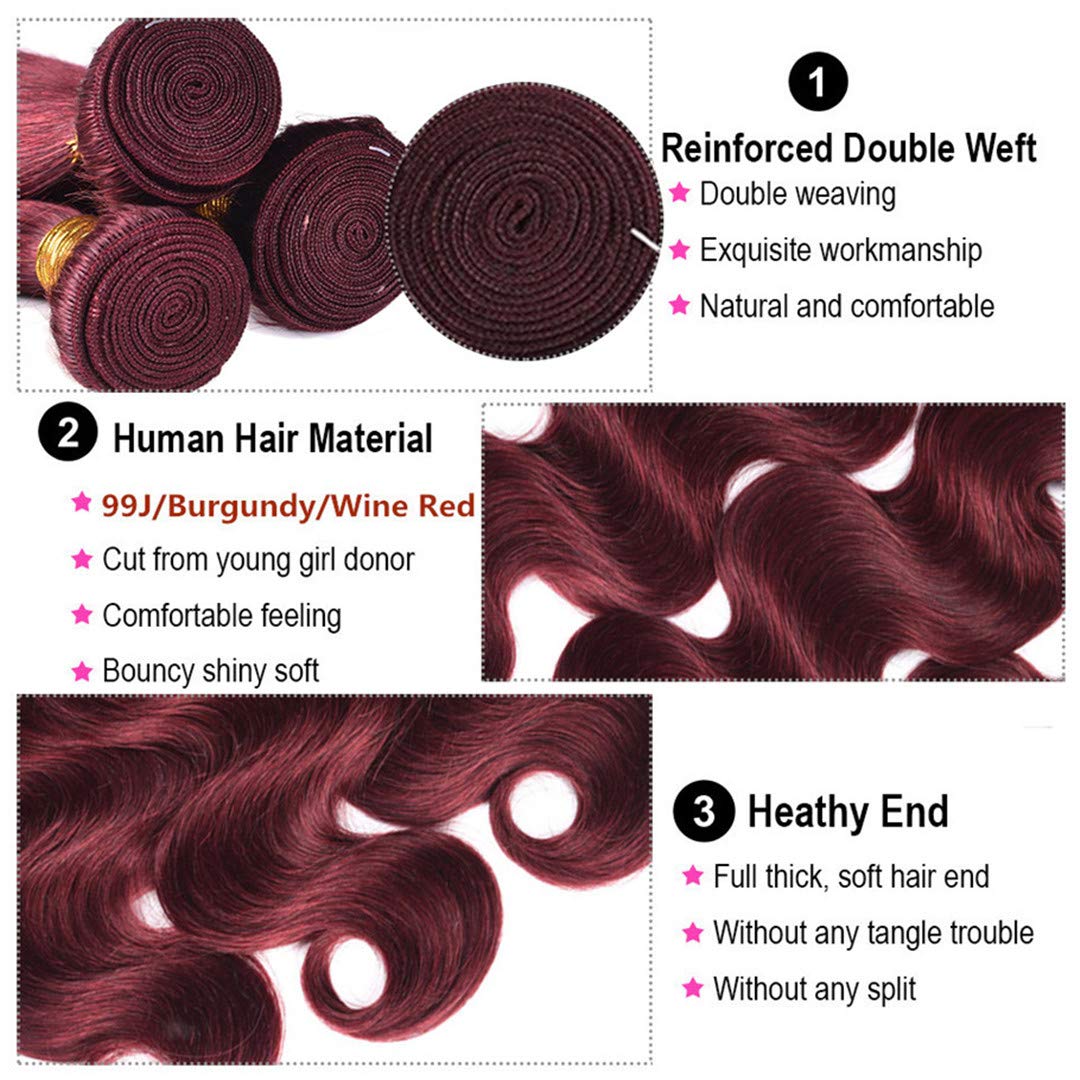 99J Wine Red Brazilian Virgin Human Hair Weaves - 4X4 Lace Closure & 3 Bundles (16 18 20 with 16C) | Mink Burgundy Body Wave Pre-Plucked Hairline with Baby Hair | Perfect for Protective Styles, Wig Making & Everyday Glam