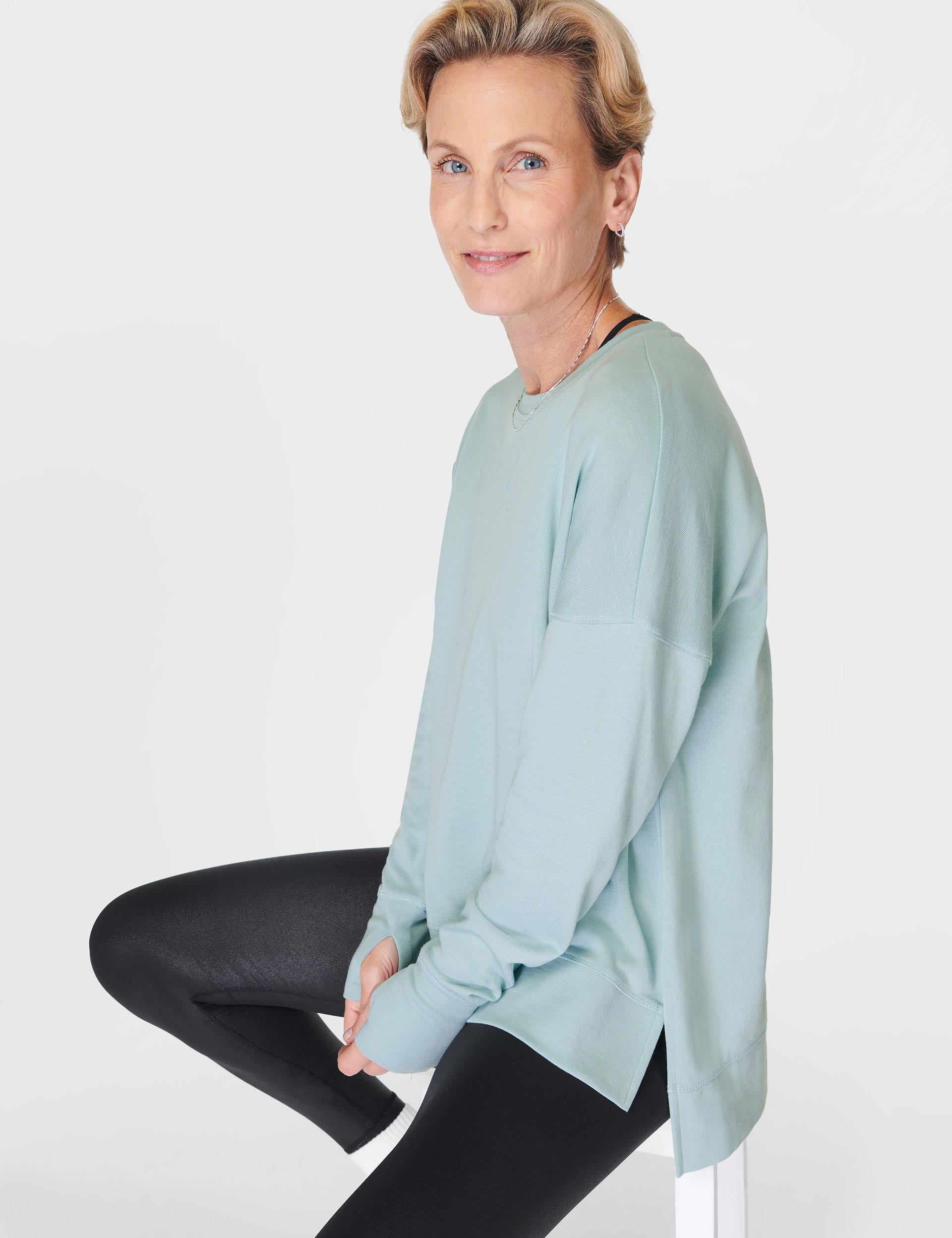 After Class Longline Sweatshirt for Women - Soft Oversized Pullover Hoodie in Muted Teal Blue | Casual Loungewear, Streetwear Fashion & Cozy Study Sessions