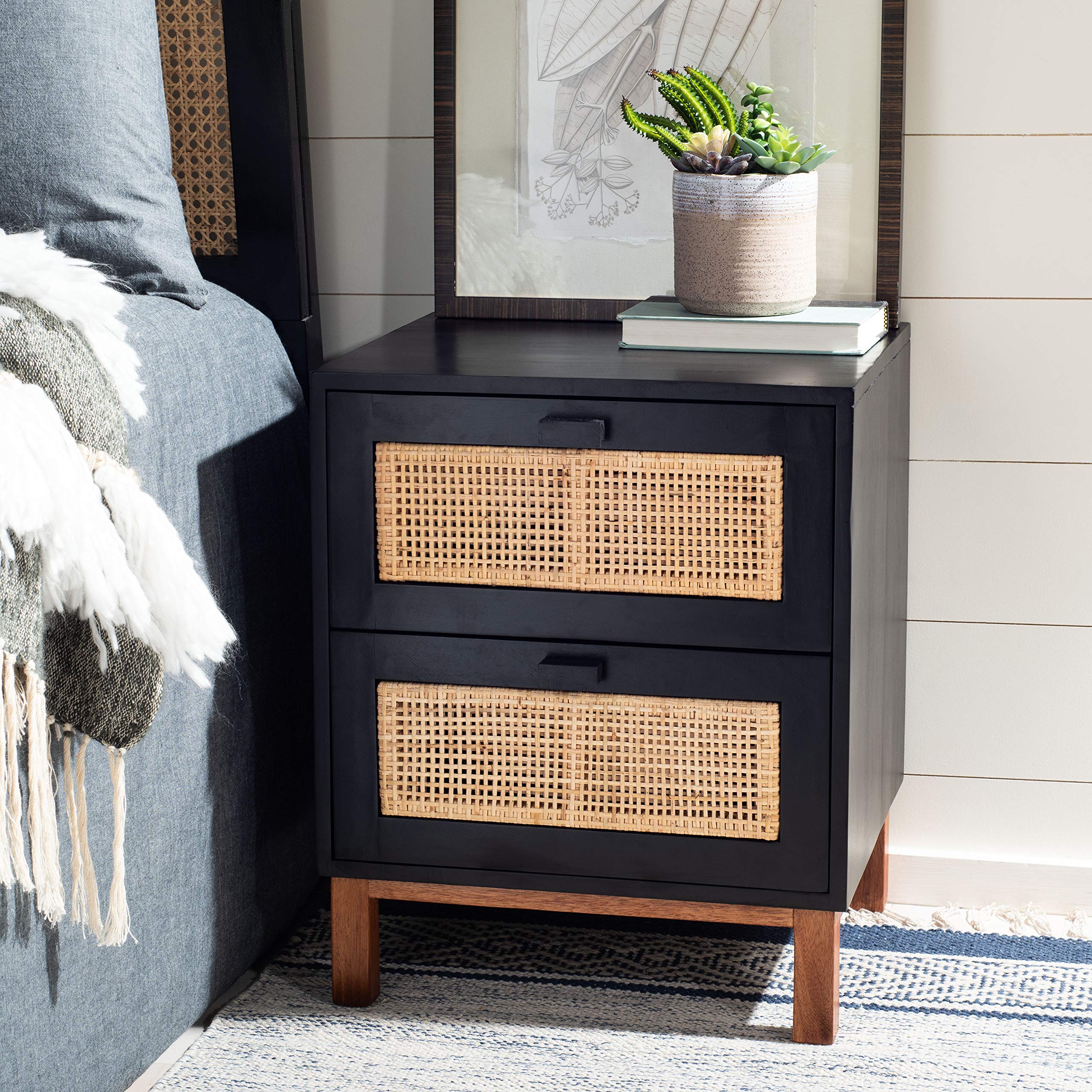 SAFAVIEH Home Collection Erica Black & Natural Rattan 2-Drawer Nightstand - Modern Bedside Table for Bedroom Decor, Storage Solution