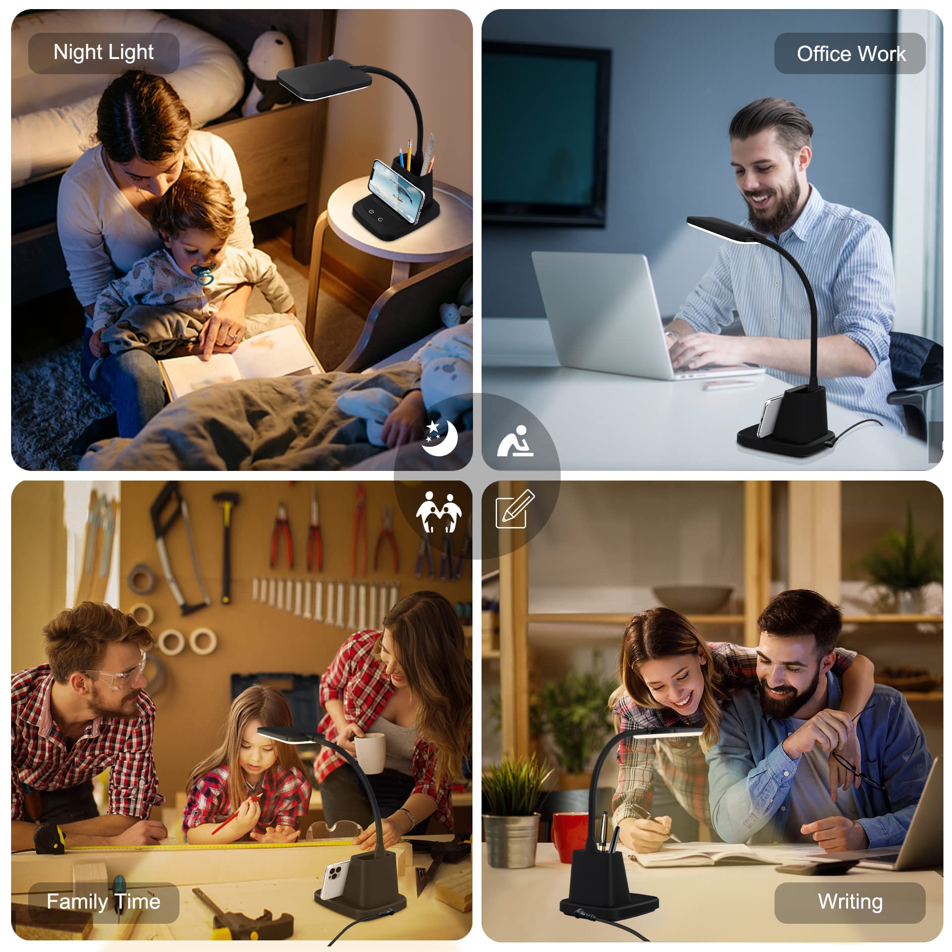 Sailstar LED Desk Lamp with Wireless Charger & Pen Holder - 3 Color Modes, Dimmable, 800LM, CRI85 - Perfect for Home Office, Study & College Dorm Room (Black, Adapter Included)