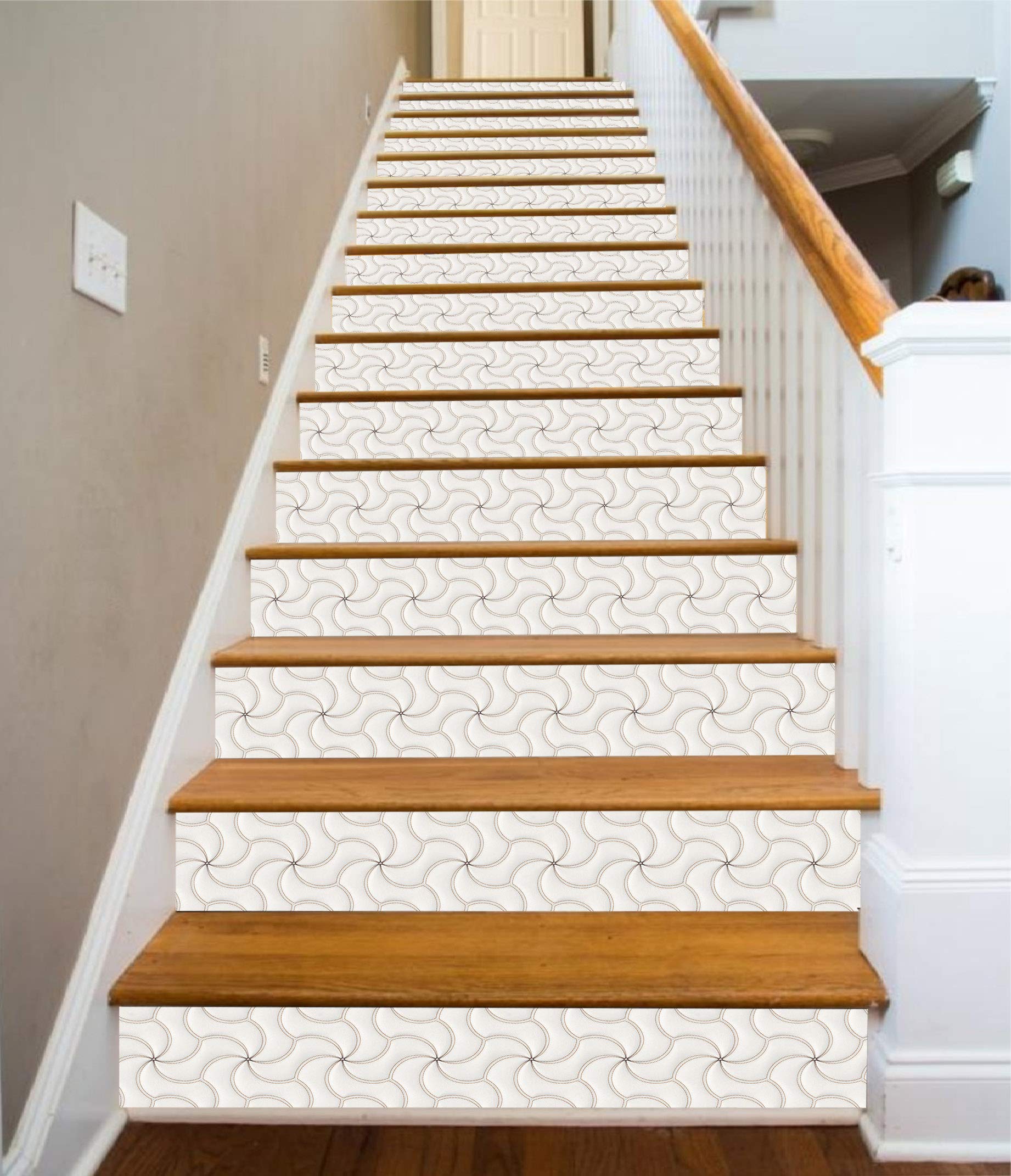 3D White Windmill Pattern Tile Marble Stair Risers Decorative Vinyl Wallpaper Mural - 15 Panels (18cm x 94cm / 7