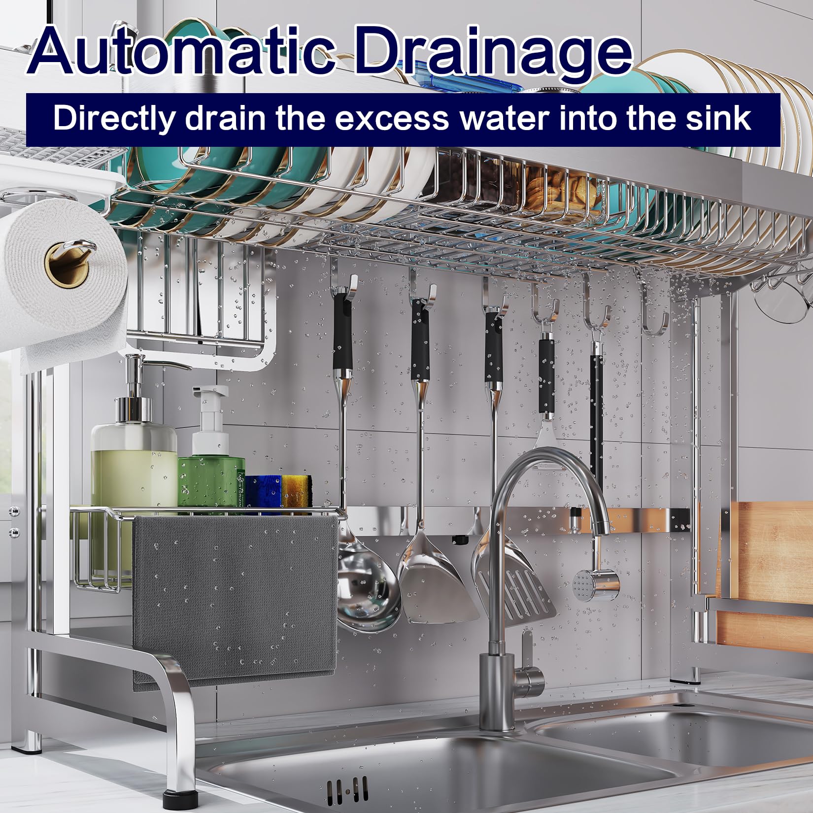 Adjustable 2-Tier Over The Sink Dish Drying Rack (25.6-37.6in) - Stainless Steel Space Saving Kitchen Organizer for Dishes, Utensils & Cutting Boards | Perfect for Small Kitchens, Apartments & RV Living