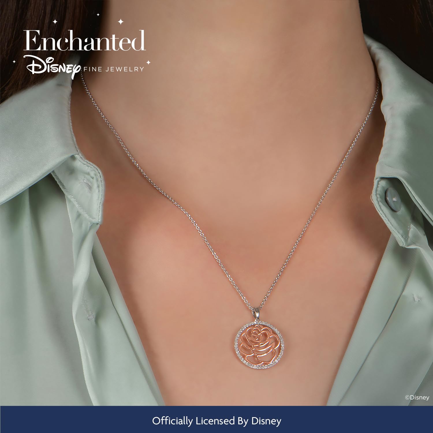 Enchanted Disney Belle Rose Pendant Necklace - 14K Rose Gold Over Sterling Silver with 1/5 Cttw Natural White Round Diamonds | Fine Jewelry Gift for Women, Disney Fans & Princess Lovers | Perfect for Birthdays, Anniversaries & Special Occasions