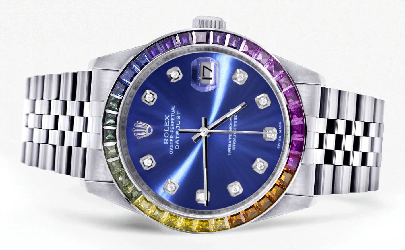 Luxury Men's Rolex Datejust 16200 Watch - 36mm Rainbow Sapphire Bezel, Blue Dial & Jubilee Bracelet | Premium Diamond & Gold Accents | Perfect for Gifts, Weddings & Special Occasions