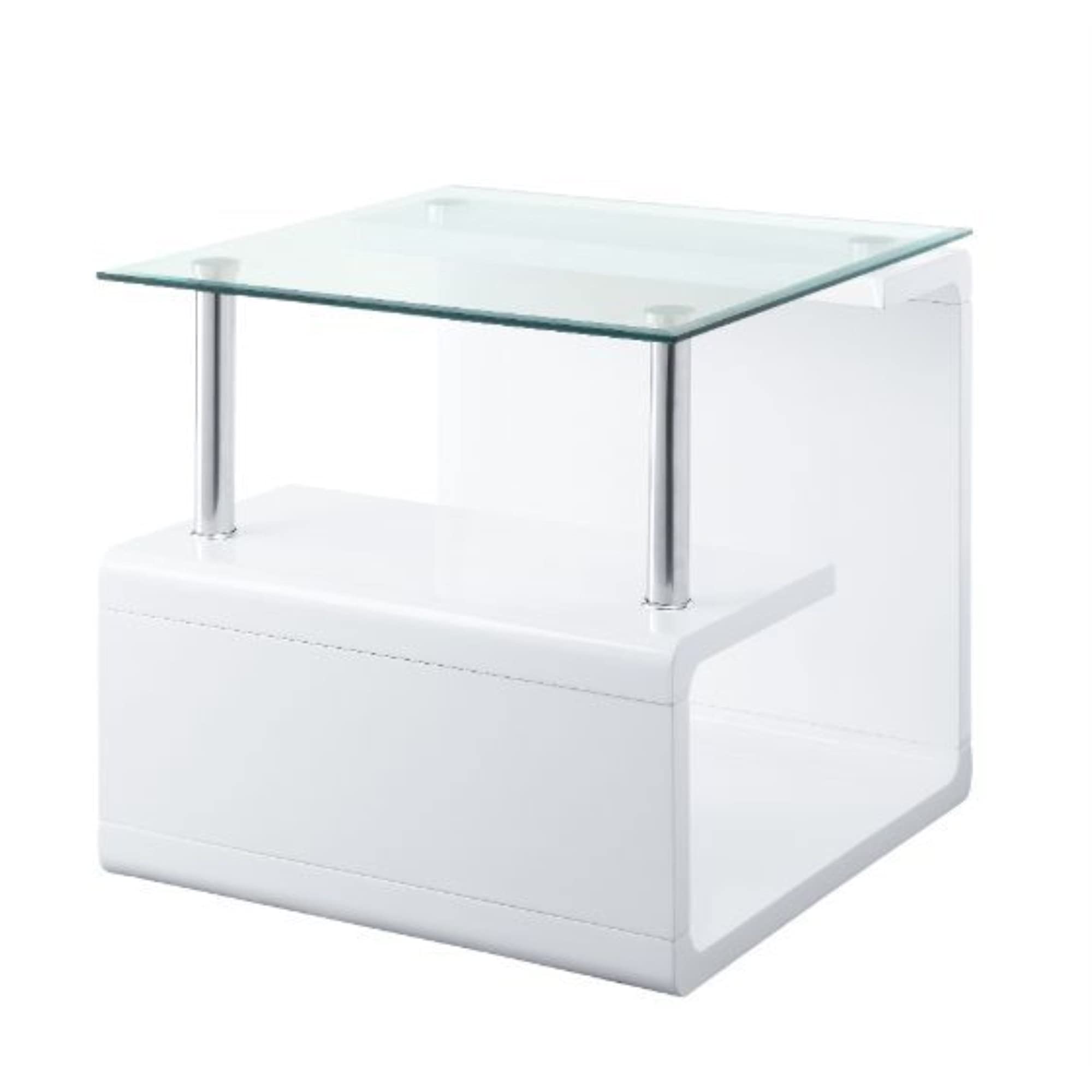 Modern Glass End Table with White High Gloss Finish - Small Nightstand for Living Room, Bedroom, or Office - Perfect for Holding Lamps, Books, and Decor