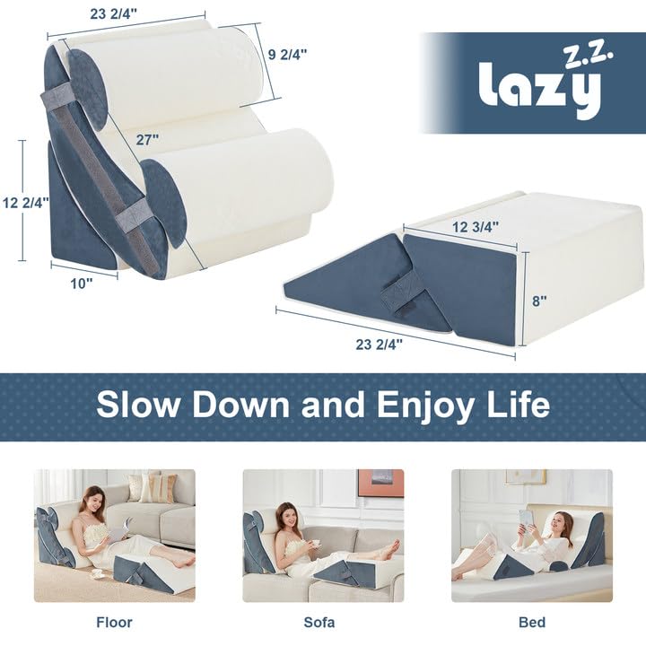 6-Piece Orthopedic Bed Wedge Pillow Set - Memory Foam Support for Back, Knee & Lumbar Pain Relief - Adjustable Anti-Snoring & Acid Reflux Pillow for GERD - Grey (Perfect for Sleeping, Post-Surgery Recovery & Reading in Bed)