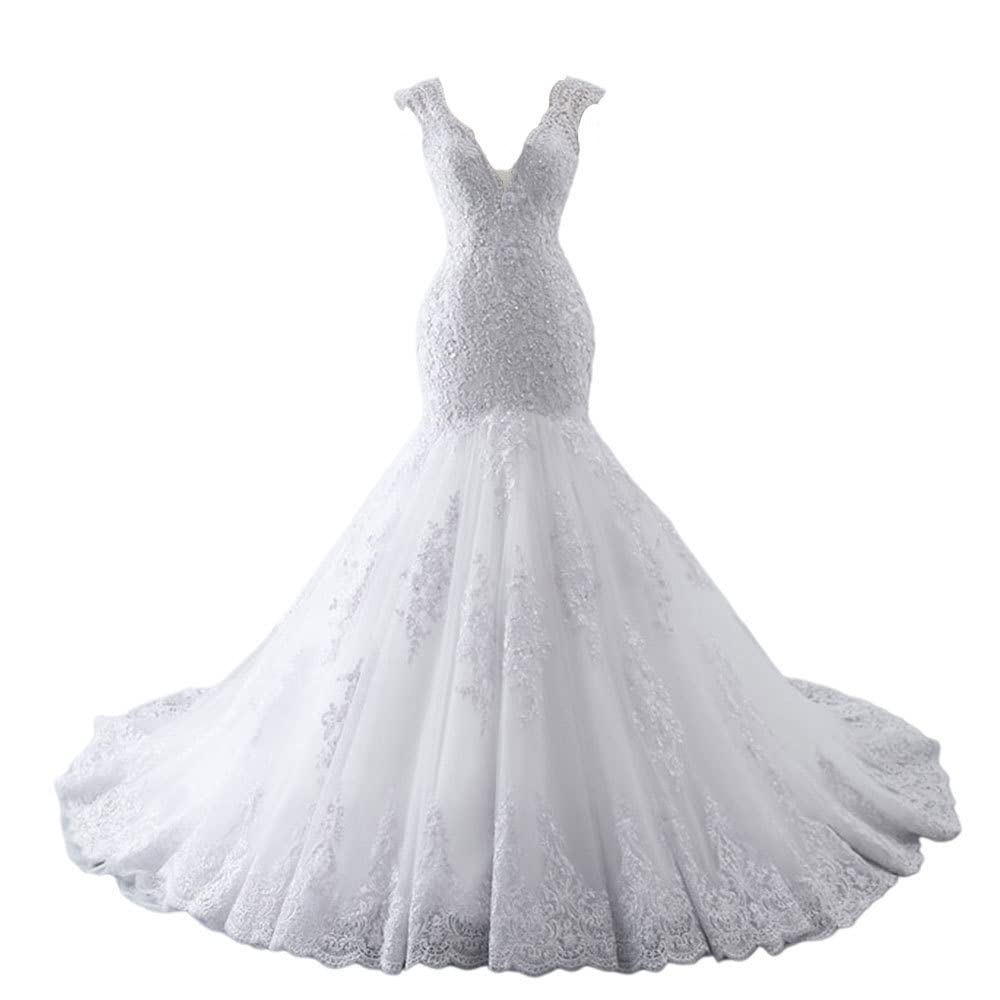 XYAYE V Neck Mermaid Wedding Dress for Bride - Sparkling Sequins & Lace Applique Tulle Bridal Gown with Train | Elegant Beach, Church & Formal Wedding Ceremony Attire