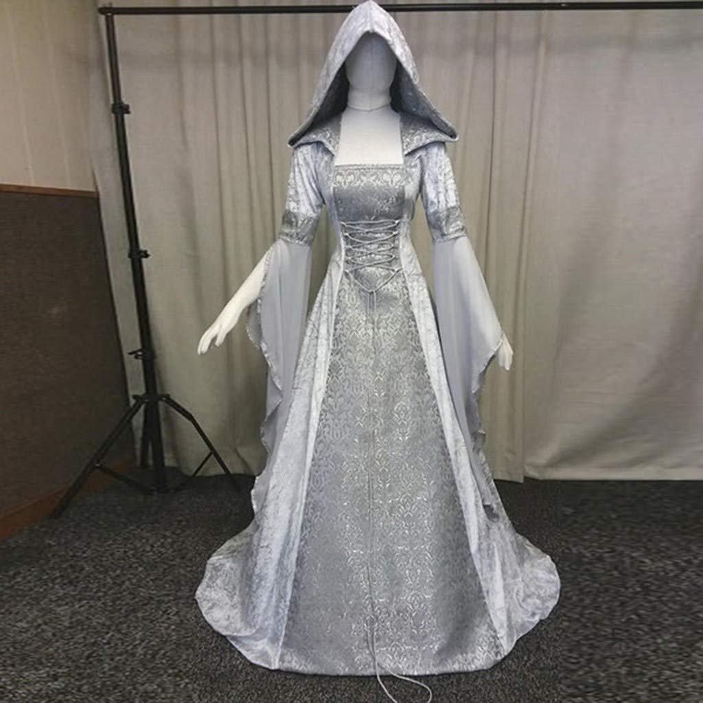 Medieval Women's Dress - Long Sleeve Hooded Floor Length Costume for Renaissance Faire, LARP, Cosplay & Halloween