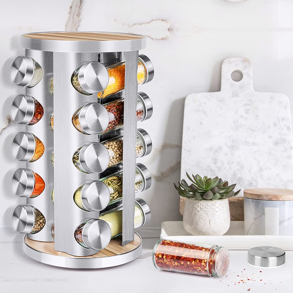 20-Piece Rotating Spice Rack Organizer with Jars - Stainless Steel & Wooden Countertop Spice Tower for Kitchen Cabinet - Includes Reusable Labels, Funnel & Brushes - Perfect for Organizing Spices, Herbs & Seasonings in Pantry or Cooking Area