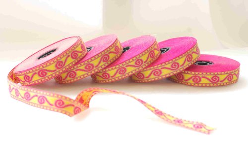 Neotrims Vibrant Cerise Pink & Gold Aztec Celtic Jacquard Ribbon Trim - 2cm Width for Sewing, Hobby Crafts, Scrapbooking & Card Making - Washable Decorative Trim for Garments, Home Decor & DIY Projects - 16.4 Meters per Reel (Sold by Reel or Multiple Reels)
