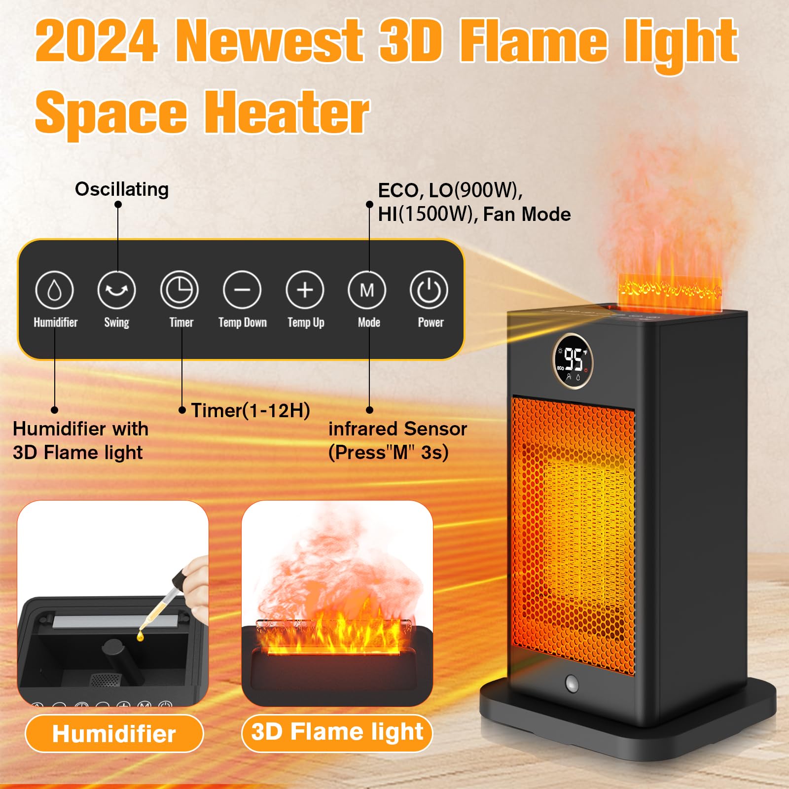 1500W PTC Fast Heating Space Heater with Humidifier & 3D Flame Effect - Oscillating Indoor Heater for Large Rooms Up to 260 sq.ft - Perfect for Bedroom, Office, and Living Room - Energy Efficient & Safe with Overheat Protection