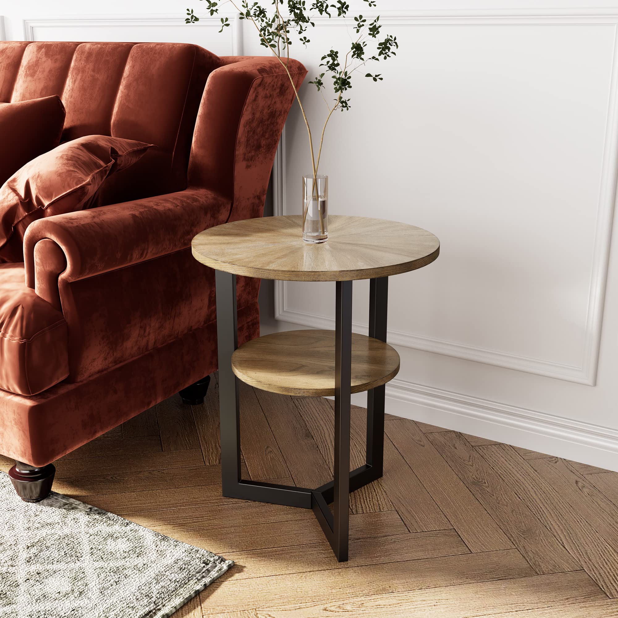 LEEMTORIG 2-Tier Round Side Table with Metal Legs - Modern Nightstand & Couch Table for Living Room, Bedroom, Office - Rustic Natural/Black Finish - 19.3