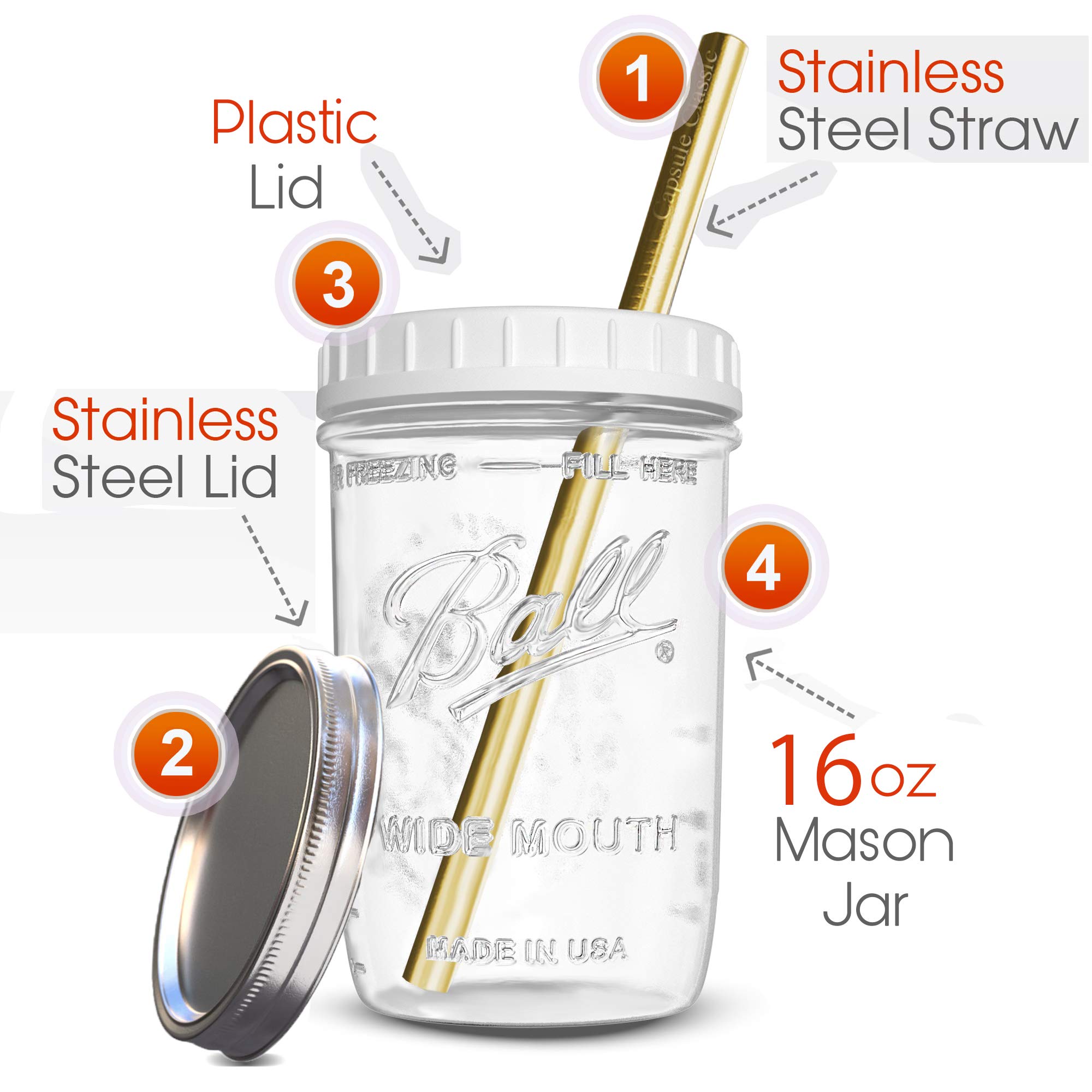 Reusable 16 oz Wide Mouth Mason Jars Glass Cups for Smoothies, Boba Tea & Bubble Tea - 2 Pack with Lids & Gold Straws | Perfect for Home, Office & Cafe Use | Capsule Classic Brand