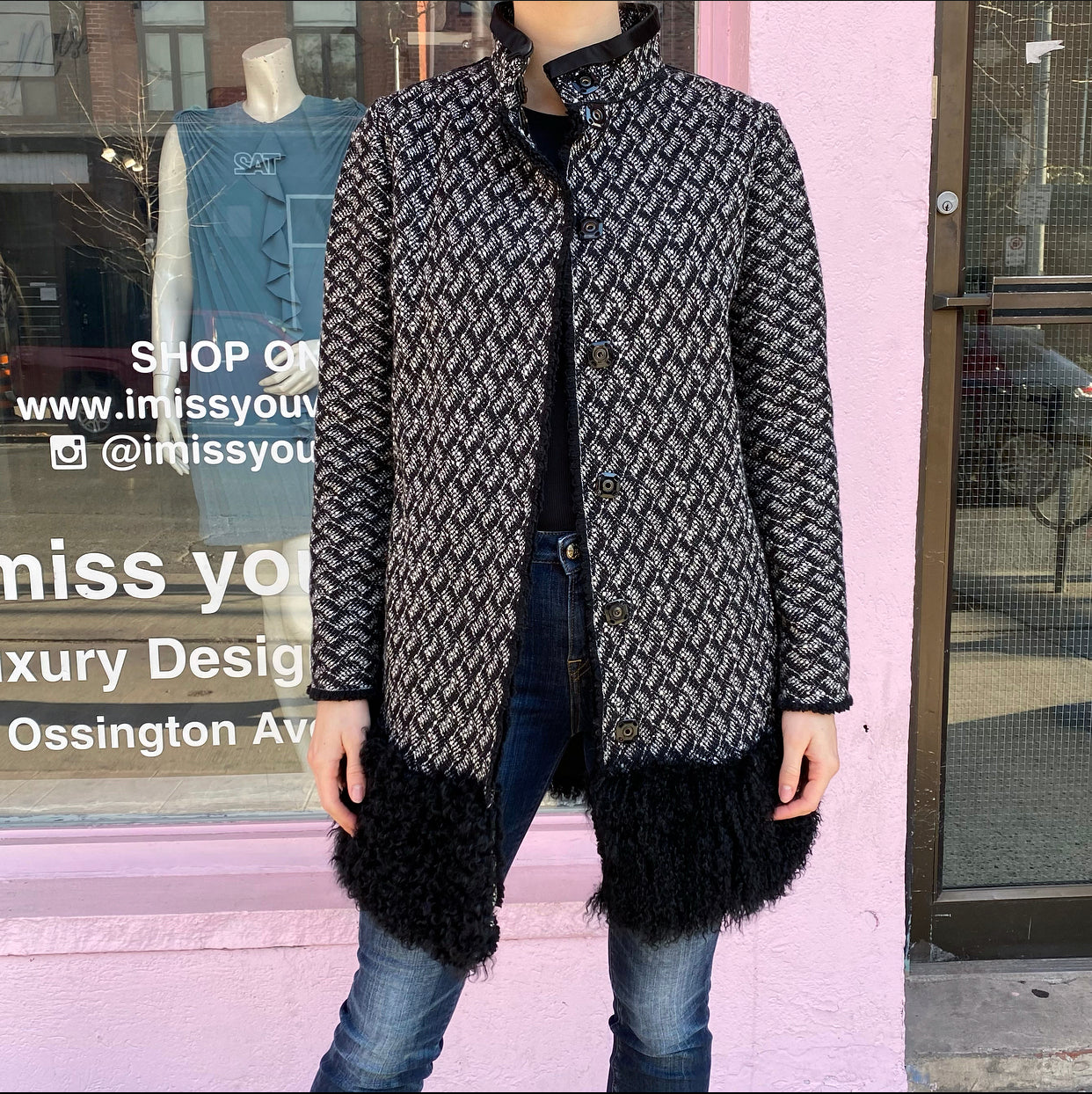 Dolce & Gabbana Women's Black & White Fur Trim Winter Coat Size 40 (US 8/M) - Luxurious Outerwear for Parties & Formal Events