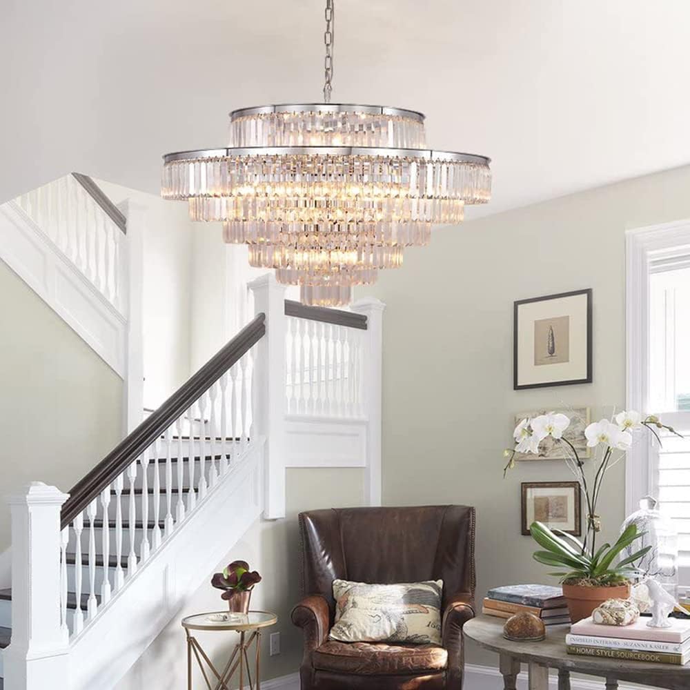 Large Chrome 7-Tier Crystal Chandelier - Modern Luxury Ceiling Pendant Light Fixture with 28 Lights (40
