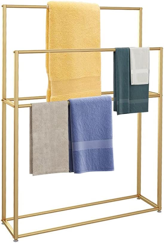 Premium 3-Tier Metal Freestanding Towel Rack - Rustproof Bathroom & Laundry Organizer for Towels, Clothes & Beach Essentials (Gold, 75x20x110cm) - Perfect for Bathroom, Balcony, Laundry Room & Dorm Organization