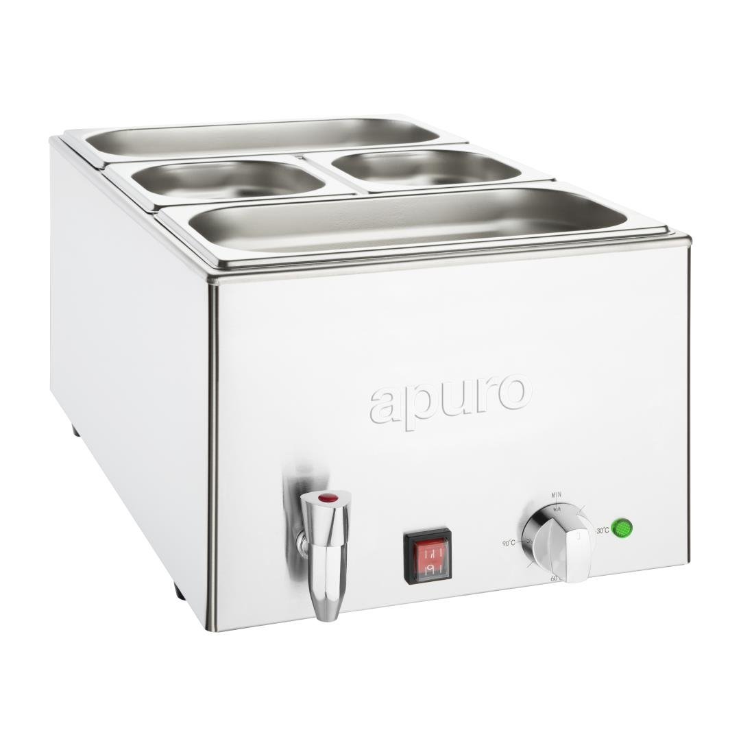 Apuro Commercial Bain Marie with Tap & Pans - 2x GN 1/3 & 2x GN 1/6 Size Stainless Steel Food Warmer - Perfect for Restaurants, Catering & Buffet Service