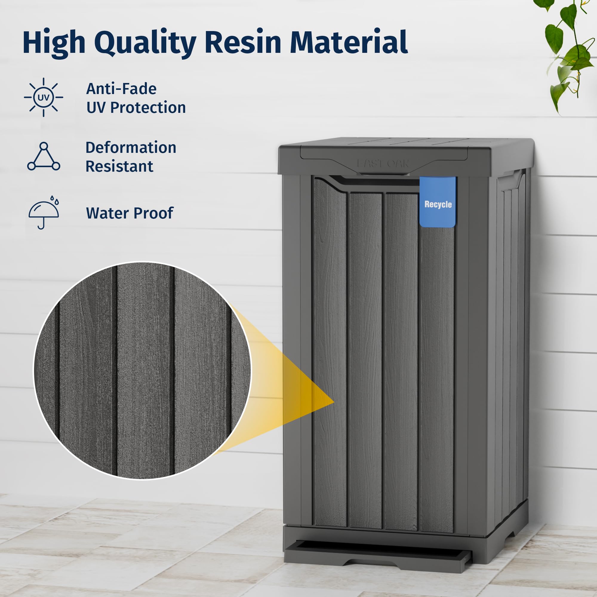 EAST OAK 31 Gallon Outdoor Trash Can - Waterproof Resin Garbage Bin with Recycle & Trash Labels, Secure Bag Lock & Drip Tray | Heavy Duty Patio, Backyard, Deck & Kitchen Waste Container | Ideal for Outdoor Parties, BBQ, Camping & Home Use | Gray
