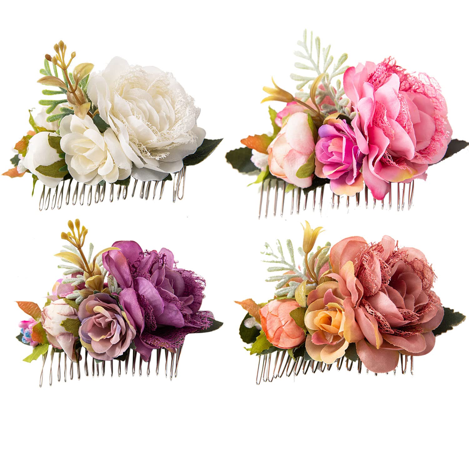 Cinaci 4 Pack Metal Hair Side Combs with Artificial Rose Flowers - Wedding Bridal Hair Clips, Floral Hairpins & Barrettes for Women, Bridesmaids & Flower Girls - Perfect for Weddings, Proms & Special Occasions