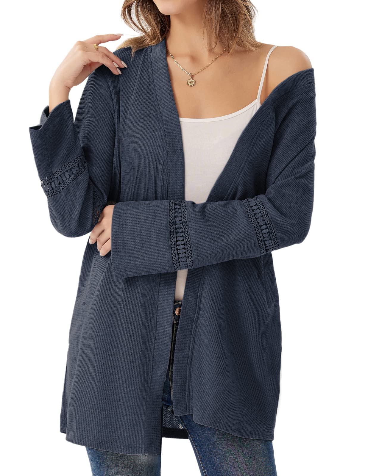 GRACE KARIN Women's Lightweight Loose Waffle Knit Open Front Long Cardigan Sweater with Pockets - Perfect for Fall Layering, Casual Outfits & Cozy Home Wear