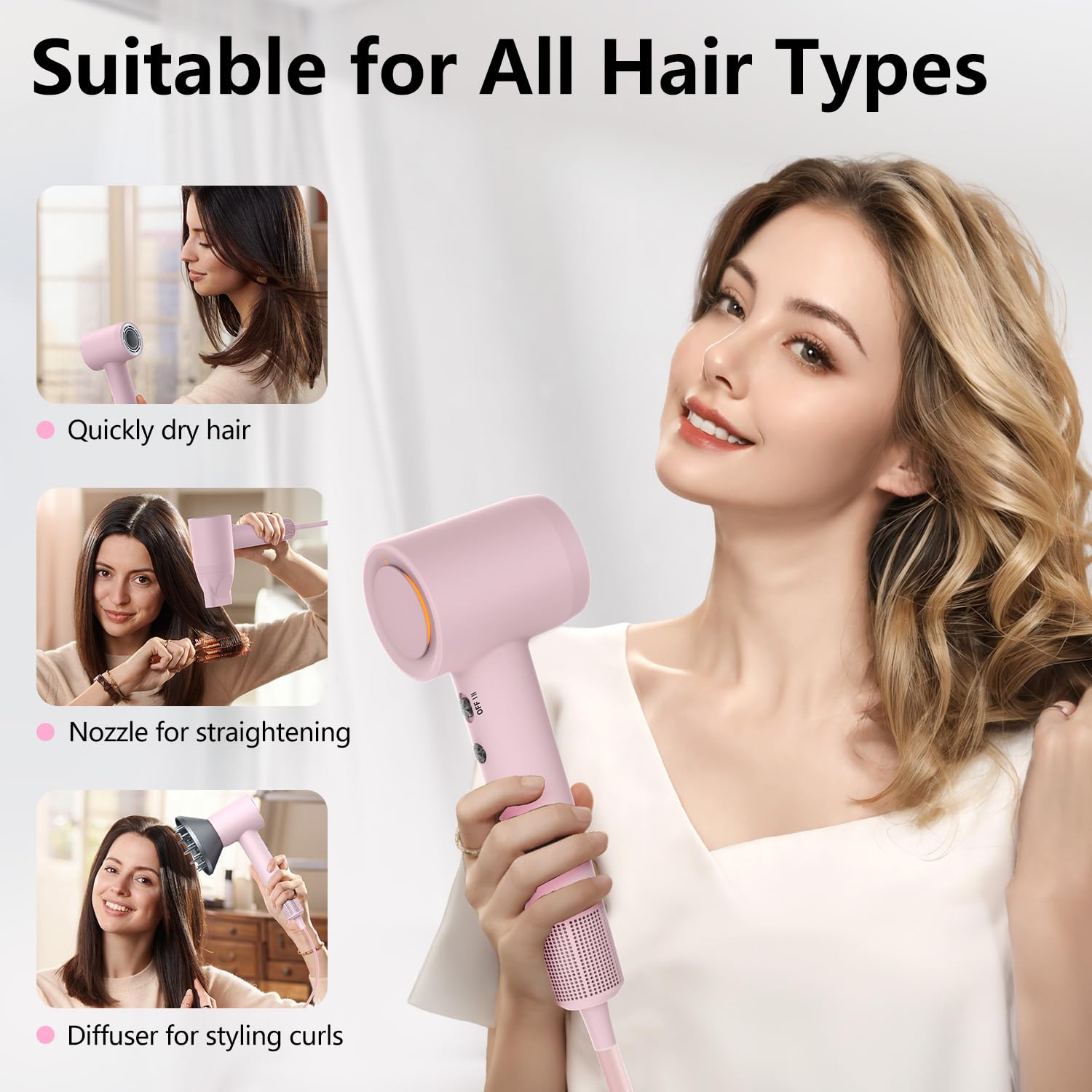 Professional 160,000 RPM High-Speed Hair Dryer with 500 Million Negative Ions - Fast Drying, Low Noise & Thermo Control - Includes Magnetic Diffuser & Nozzle - Perfect for Home, Salon & Travel Use (Pink)