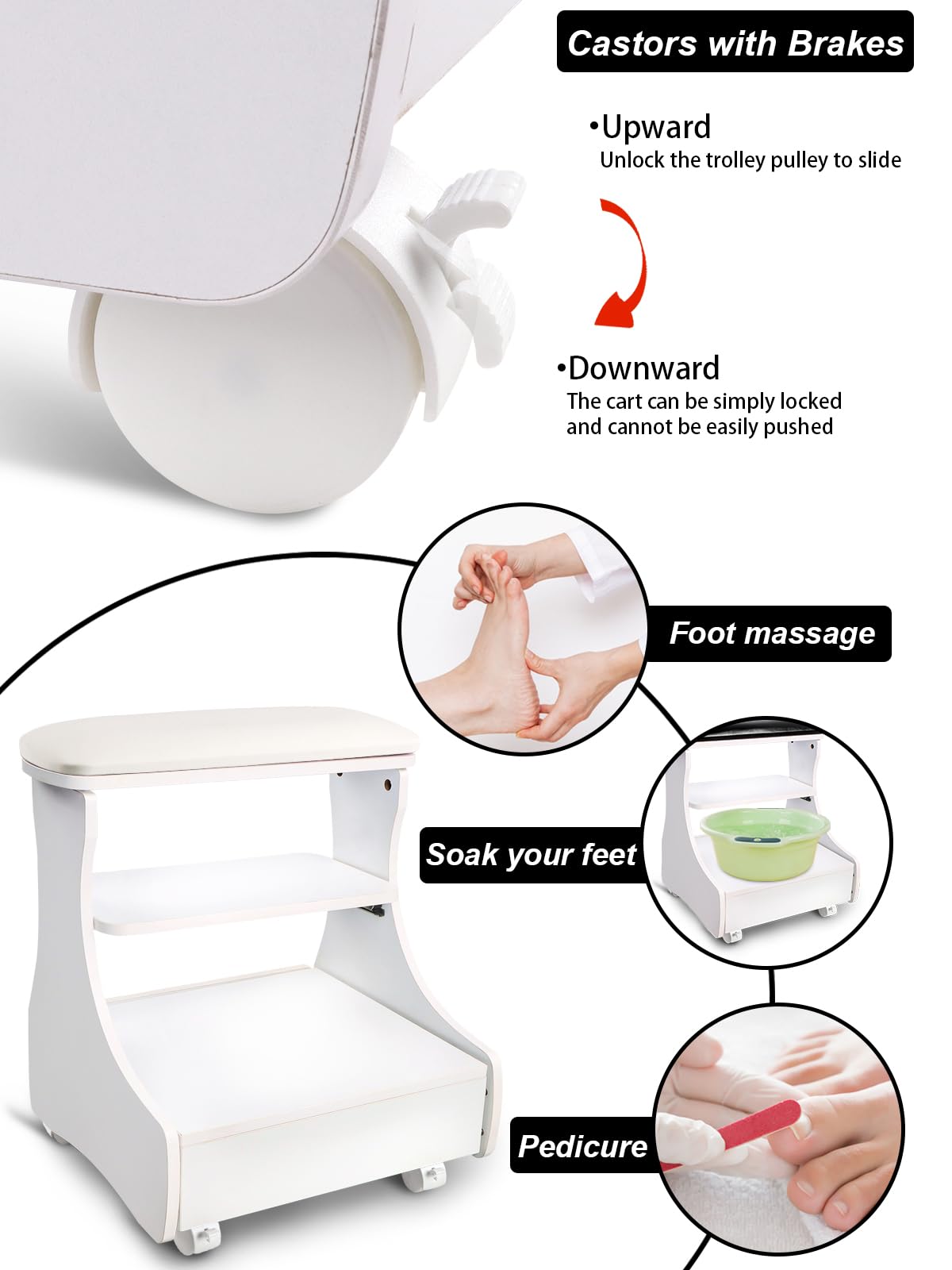 Premium PU Leather Pedicure Foot Rest with Wheels - Adjustable Manicure Foot Stool for Home Salon & Spa Use - Comfortable Beauty Footrest for Pedicures, Nail Care & Relaxation (White) - Perfect for Home Salons, Spas & DIY Nail Care Sessions