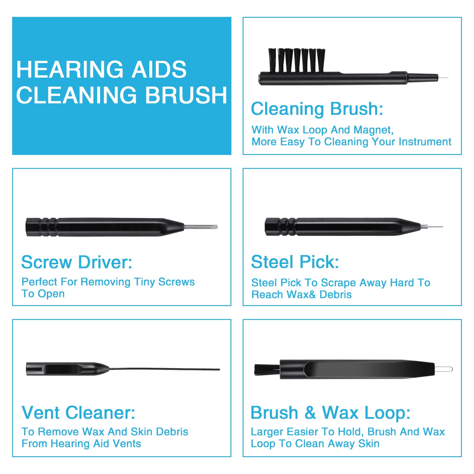 6 Pcs Hearing Aid Cleaning Kit - Brush Tools for Earbuds & Headphones - Perfect for Daily Maintenance