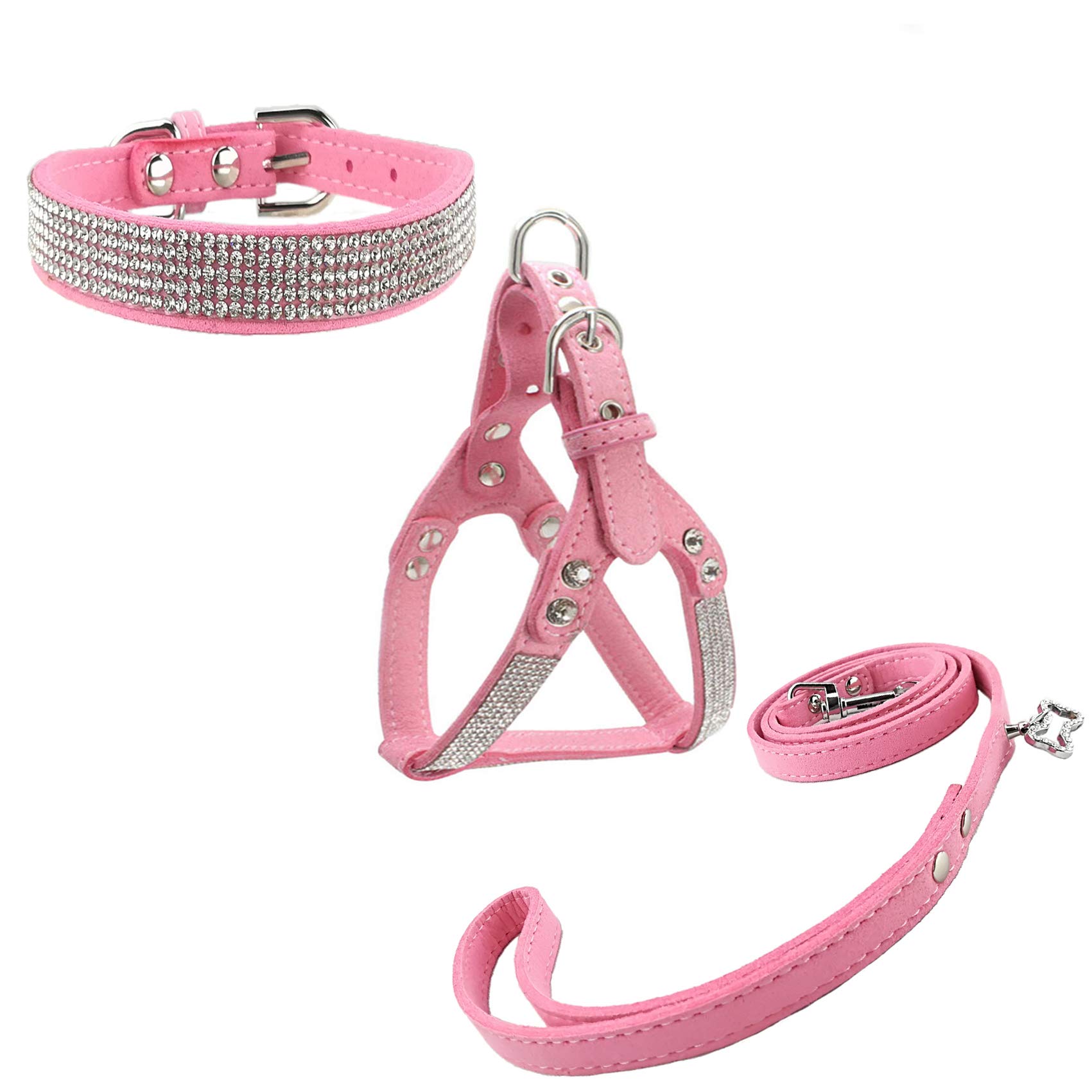 Premium Dog Collar & Harness Set with Leash - Sparkling Diamante Design, Soft & Comfortable for Small Dogs - Perfect for Walks, Training & Outdoor Adventures (Pink, Size S)