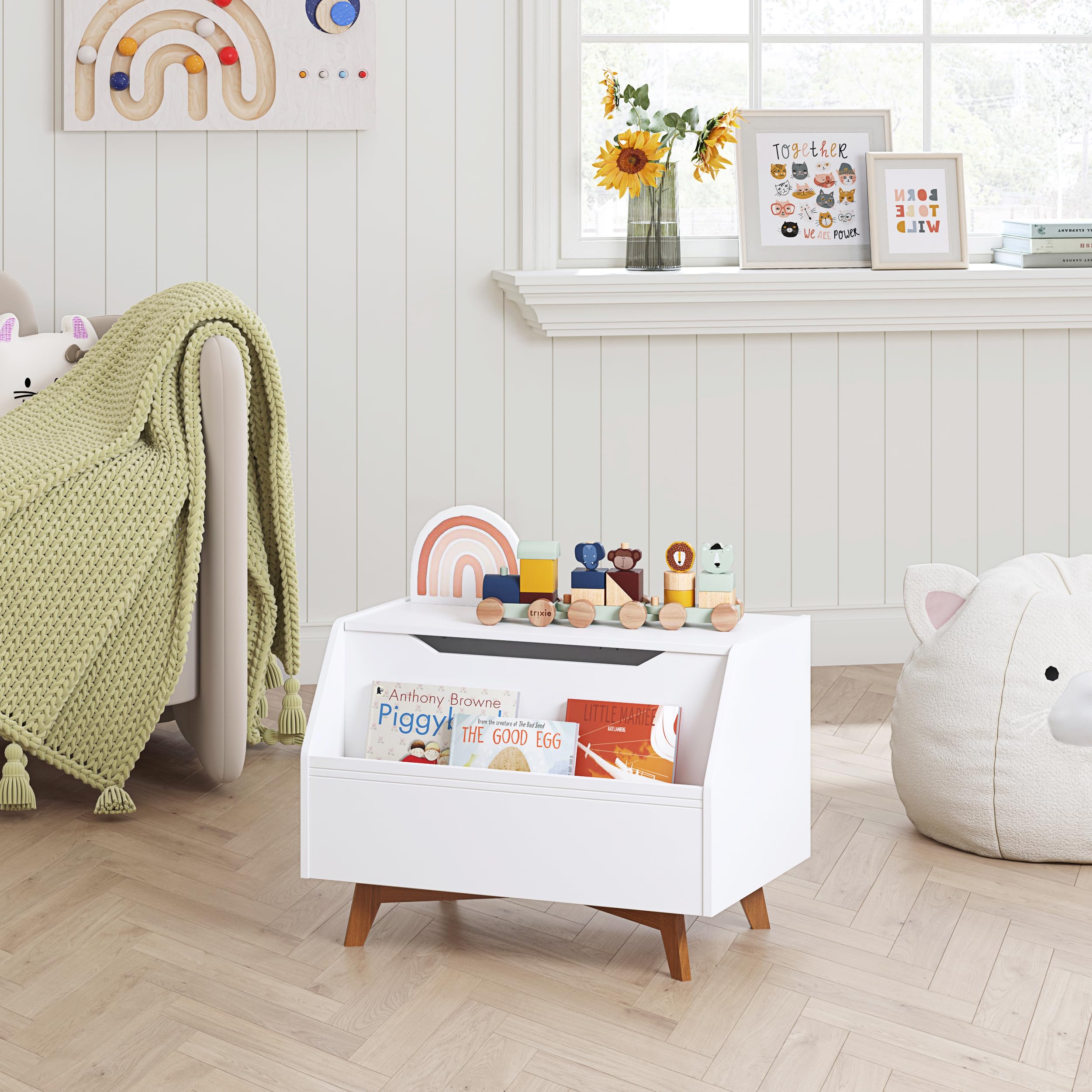 UTEX Wooden Toy Chest for Kids - Storage Organizer Bench with Book Storage Area, White Children's Furniture for Bedroom & Playroom - Perfect for Boys and Girls Toys & Books Organization