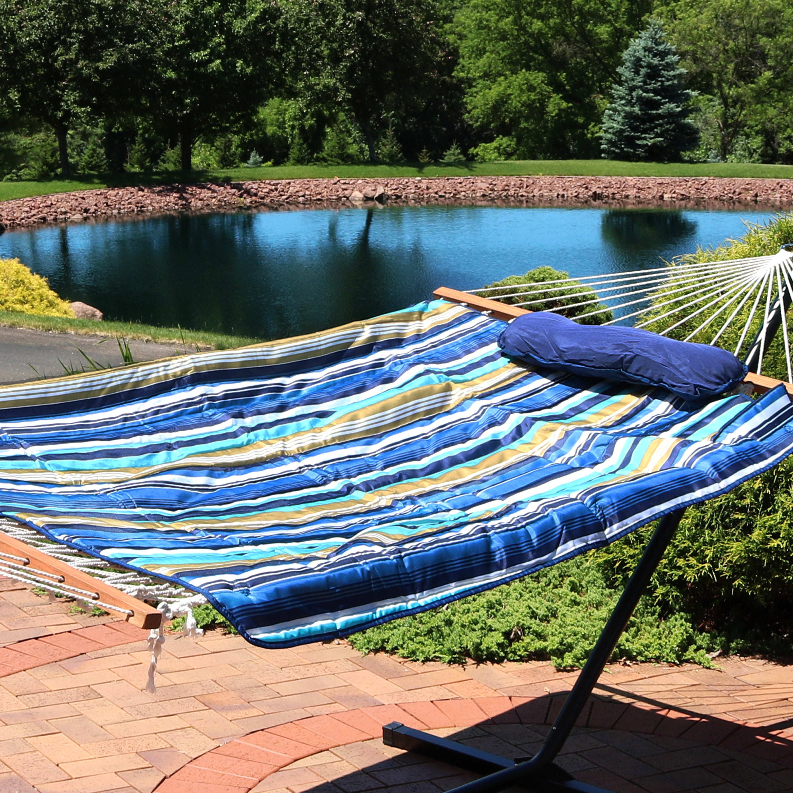 Premium Sunnydaze Rope Hammock with 12-Foot Steel Stand, Comfortable Pad & Pillow - Perfect for Backyard Relaxation, Beach Lounging & Outdoor Camping