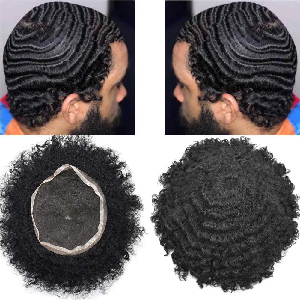 Premium Afro Toupee for Black Men - Real Human Hair Wavy Lace Front Hairpiece (8×10 Inch) | Soft French Lace Hair Replacement System | Jet Black 12mm Wave | Perfect for Daily Wear & Special Occasions