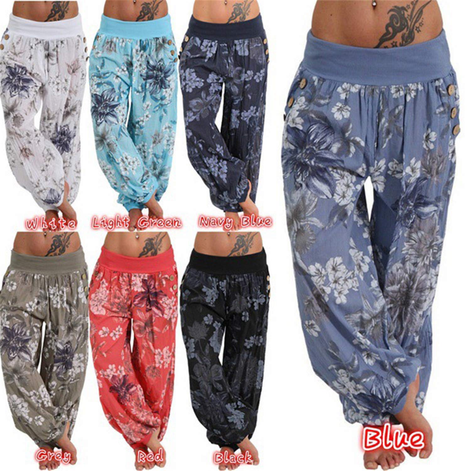 Andongnywell Women's Printed Yoga Harem Pants - Loose Fit Wide Leg Palazzo Pants with Pockets - Comfortable Casual & Lounge Pajama Pants (Red, Small) for Yoga, Meditation, Home Wear & Travel