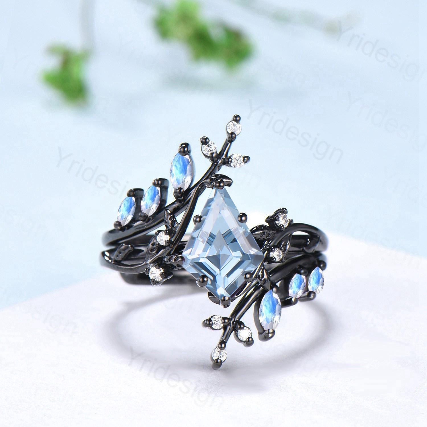 Gothic Aquamarine Ring Set - Unique 7x10mm Kite Cut Aquamarine Engagement Ring in Black Gold with Marquise Moonstone - Nature Inspired Wedding Jewelry for Gothic Brides, Boho Weddings & Alternative Fashion