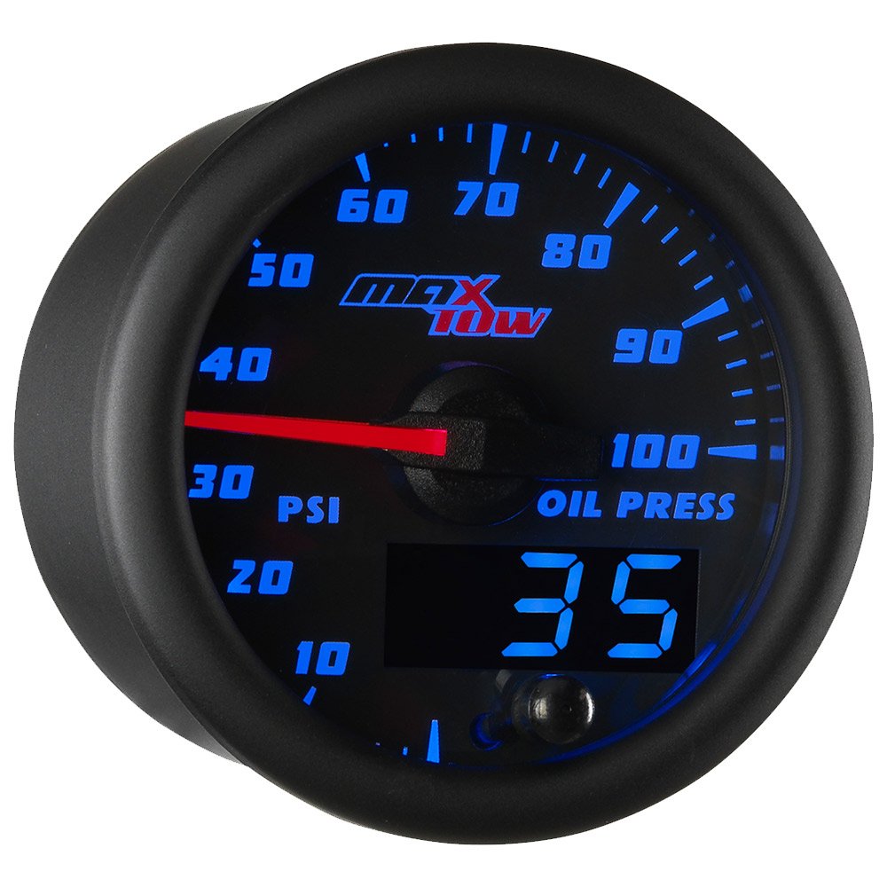 MaxTow Double Vision 100 PSI Oil Pressure Gauge Kit with Electronic Sensor - Black Face & Blue LED Dial - Analog & Digital Readout - 2-1/16