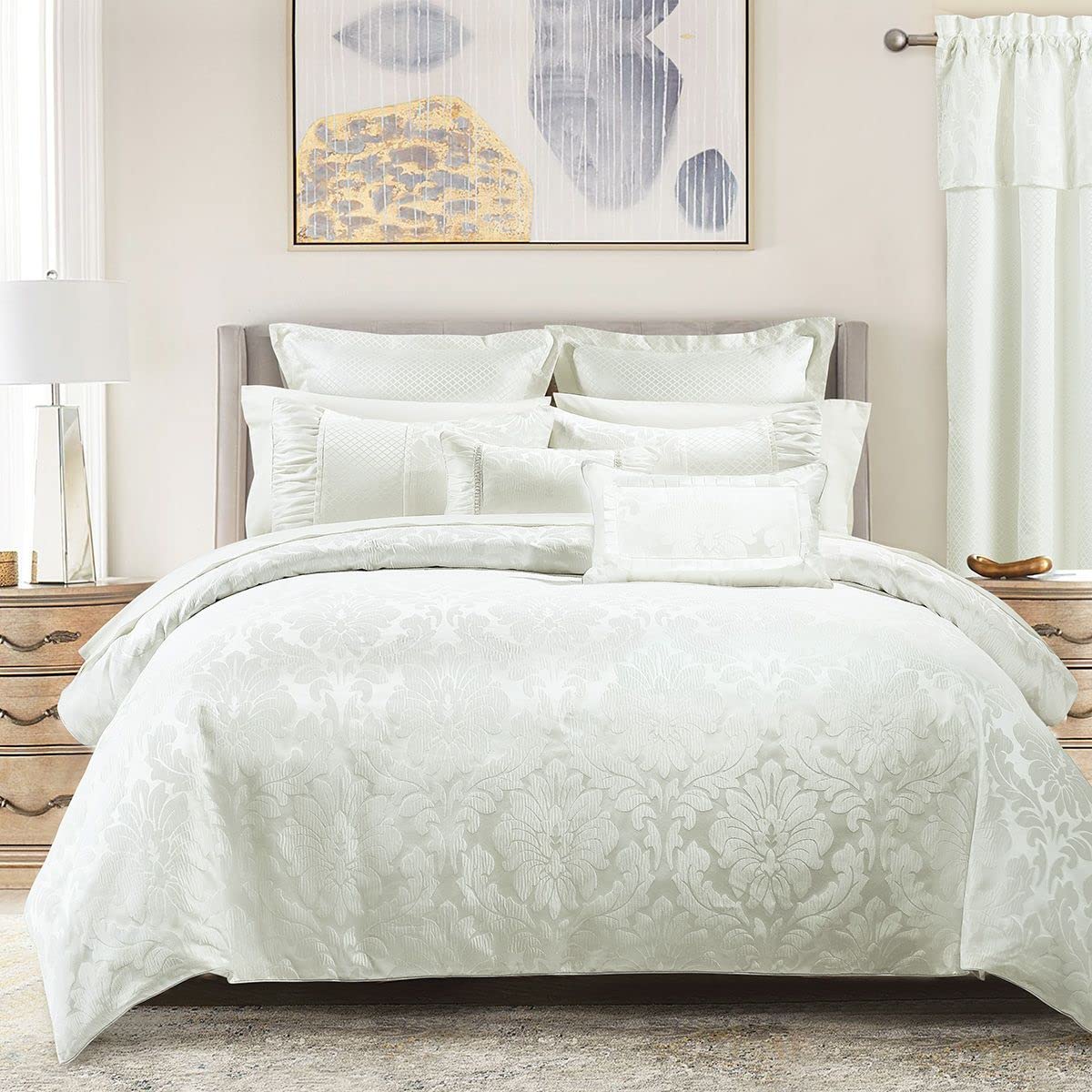 Luxury Royal Hotel Bedding 8-Piece Sara Jacquard Comforter Set - Full/King Size Duvet Cover Set with Down Alternative Comforter Insert, White - Perfect for Master Bedroom, Guest Room & Luxury Hotel Decor