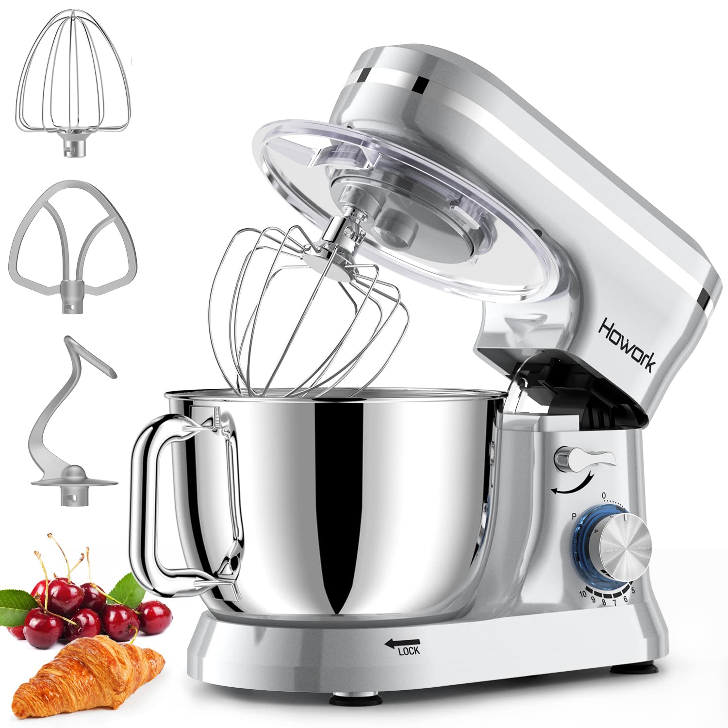 HOWORK 6.5QT Stand Mixer, 10+ Speed Electric Kitchen Mixer with Stainless Steel Bowl, Dough Hook, Wire Whip & Beater - Perfect for Baking, Whipping, Kneading Dough - Ideal for Home Bakers & Cooking Enthusiasts