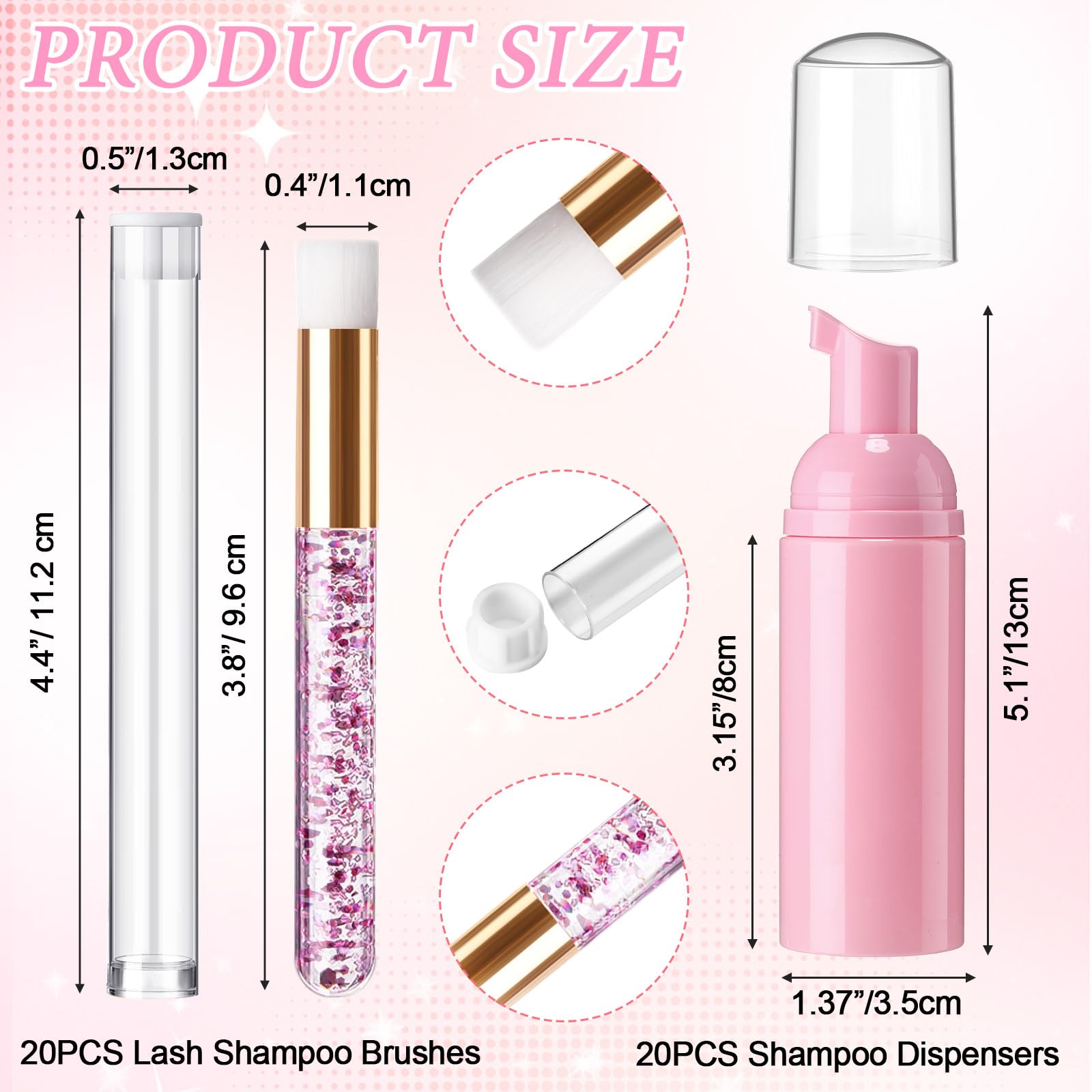 80 Pcs Eyelash Extension Cleaning Kit - 20 Foam Pump Dispensers, 20 Lash Shampoo Brushes, 20 Aftercare Bags & 20 Cleaning Pipes - Professional Lash Extension Supplies (Pink) for Salon, Spa & Home Use