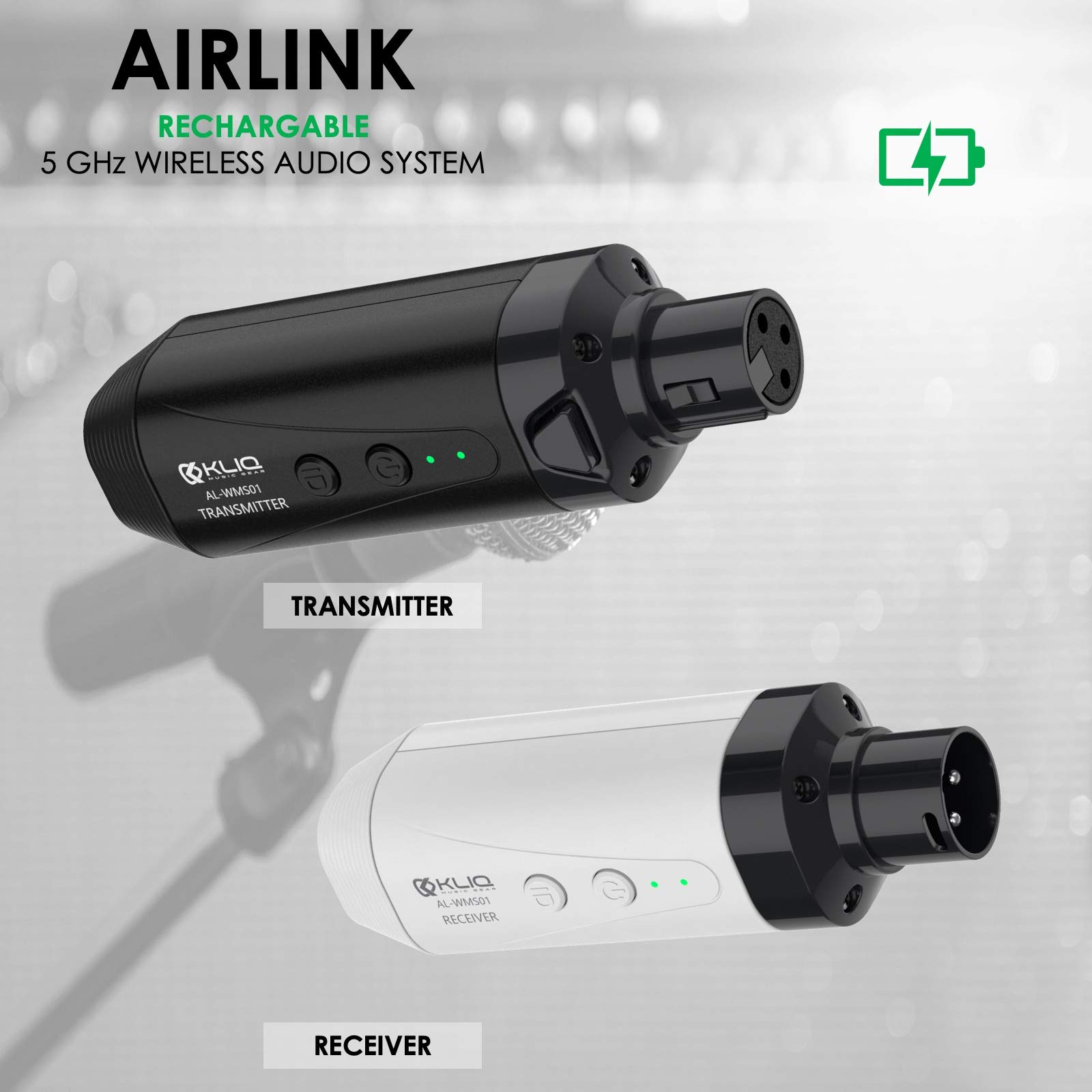 KLIQ Airlink 5.8GHz Rechargeable Wireless Microphone System - Professional Transmitter & Receiver Set for Karaoke, Live Performances & Public Speaking - Long Range Wireless Mic with Clear Audio